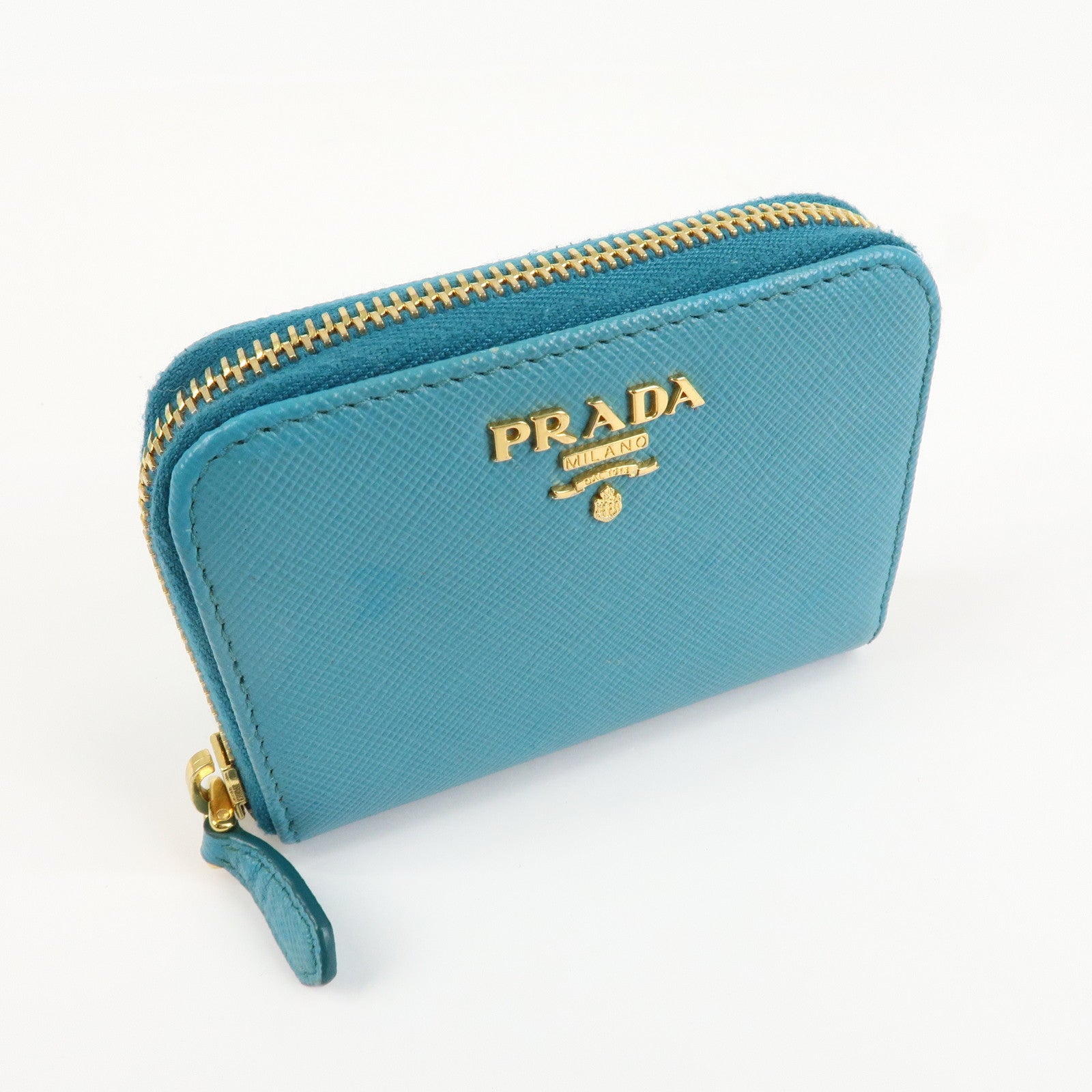 PRADA Logo Saffiano Leather Round Zippy Small Wallet Blue 1MM268 Used