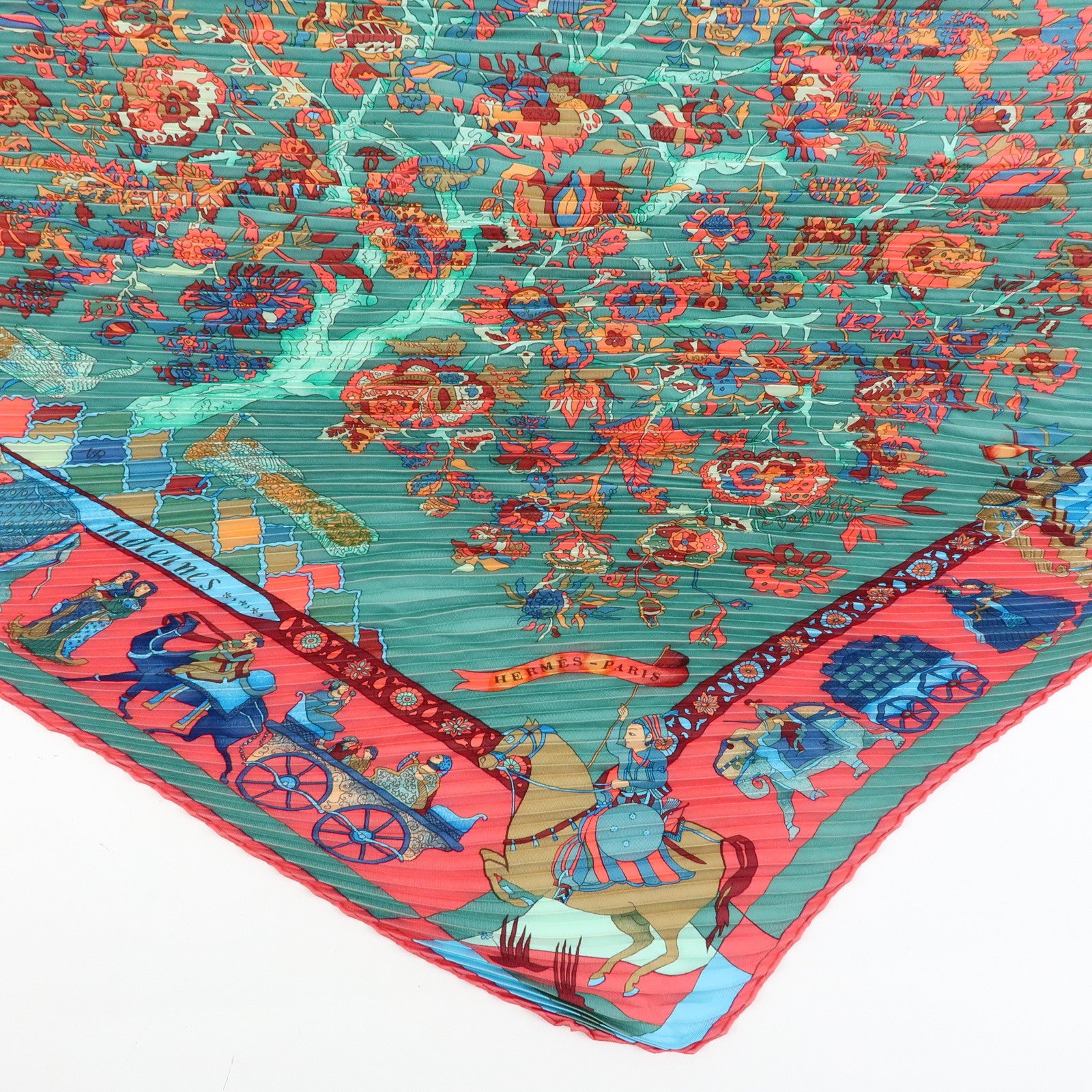 HERMES Pleated Carre 90 Set of 2 Silk 100% Scarf Green Pink