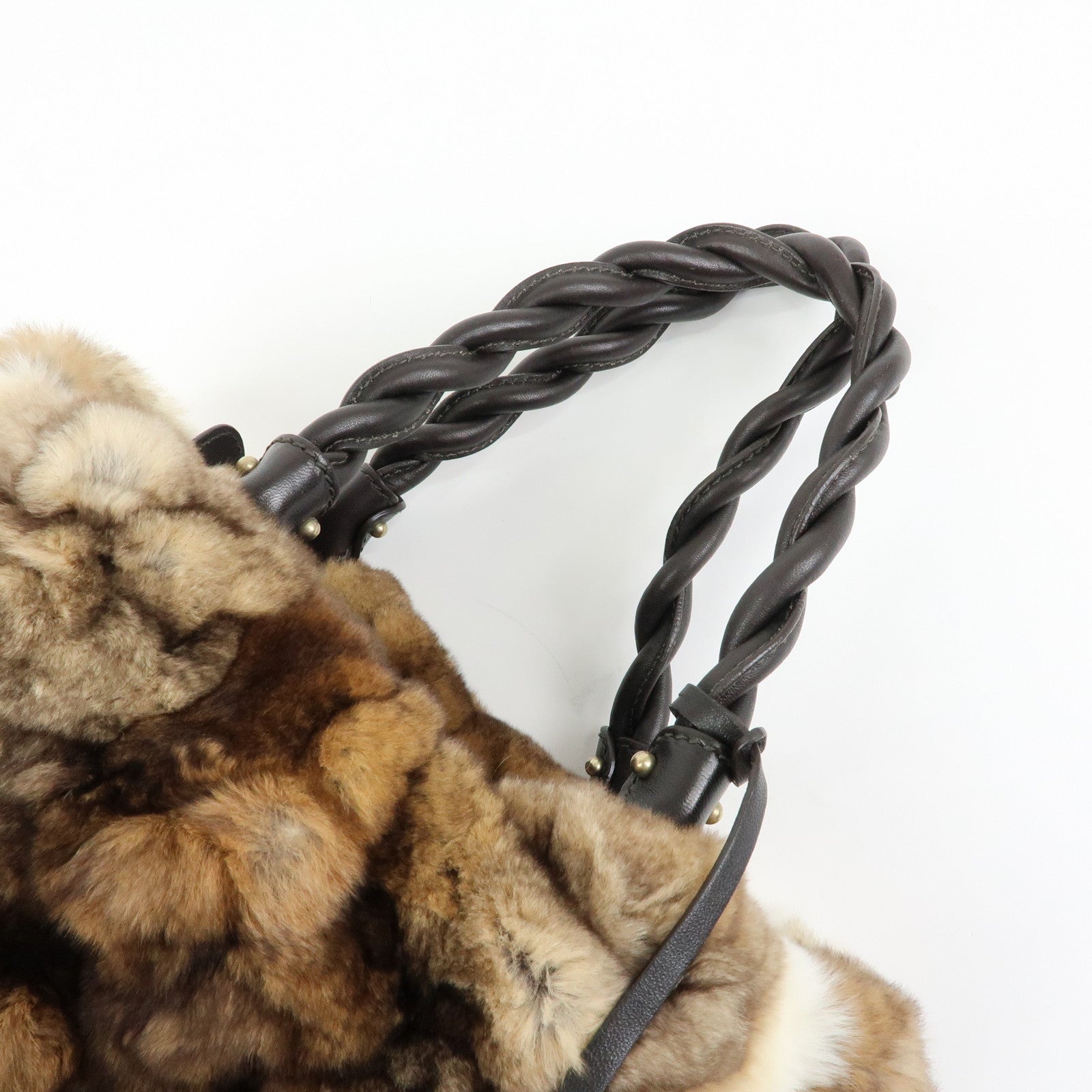 Ferragamo Gancini Rabbit Fur Leather Hand Bag Tote Bag Brown