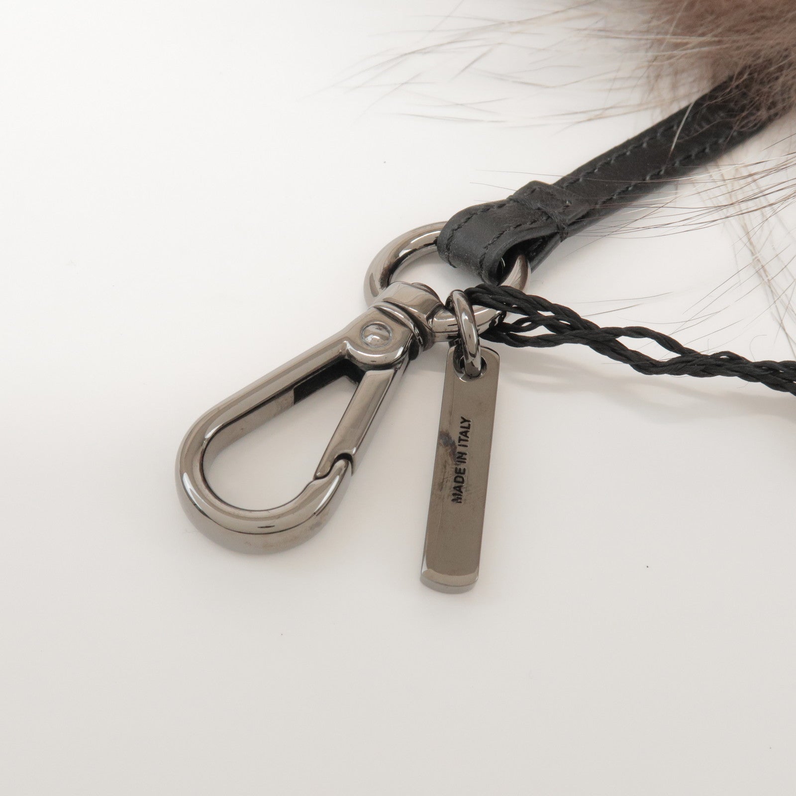 FENDI Fur Leather Monster Bag Charm Key Chain Black Greige