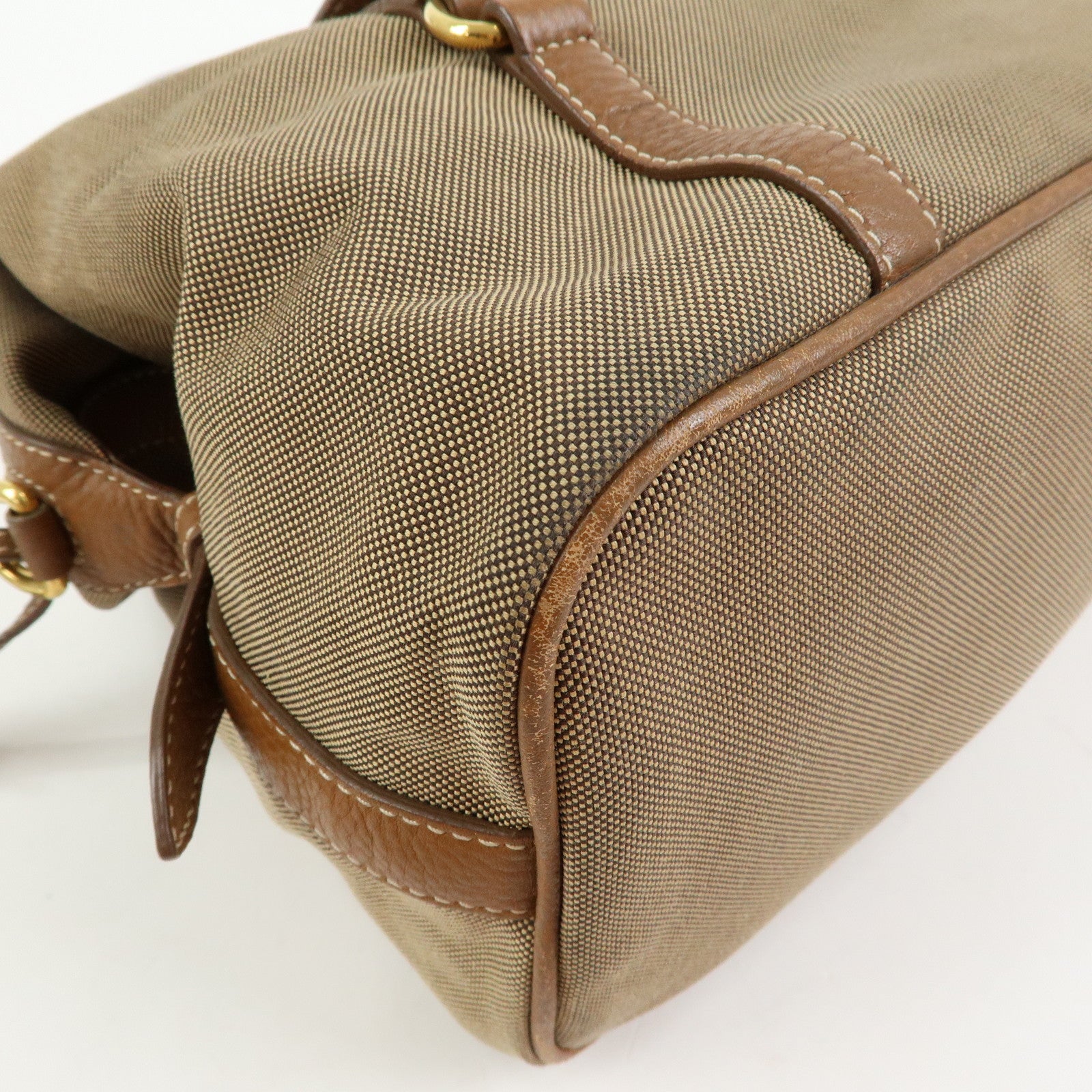 PRADA Logo Canvas Leather Boston Bag Hand Bag Beige Brown BL0600