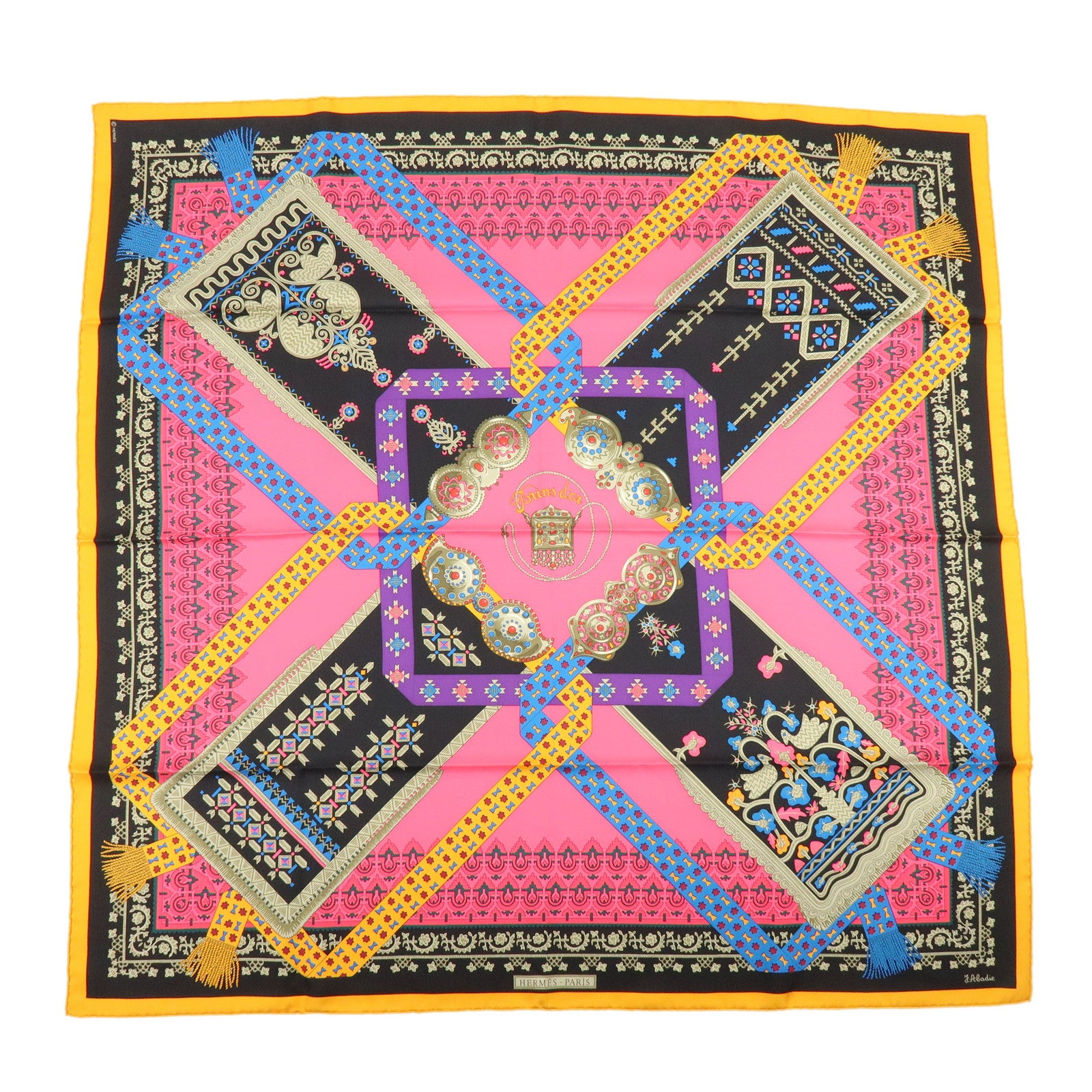 HERMES Carre 90 Silk 100% Scarf Brins d'or Pink Black Multi Color