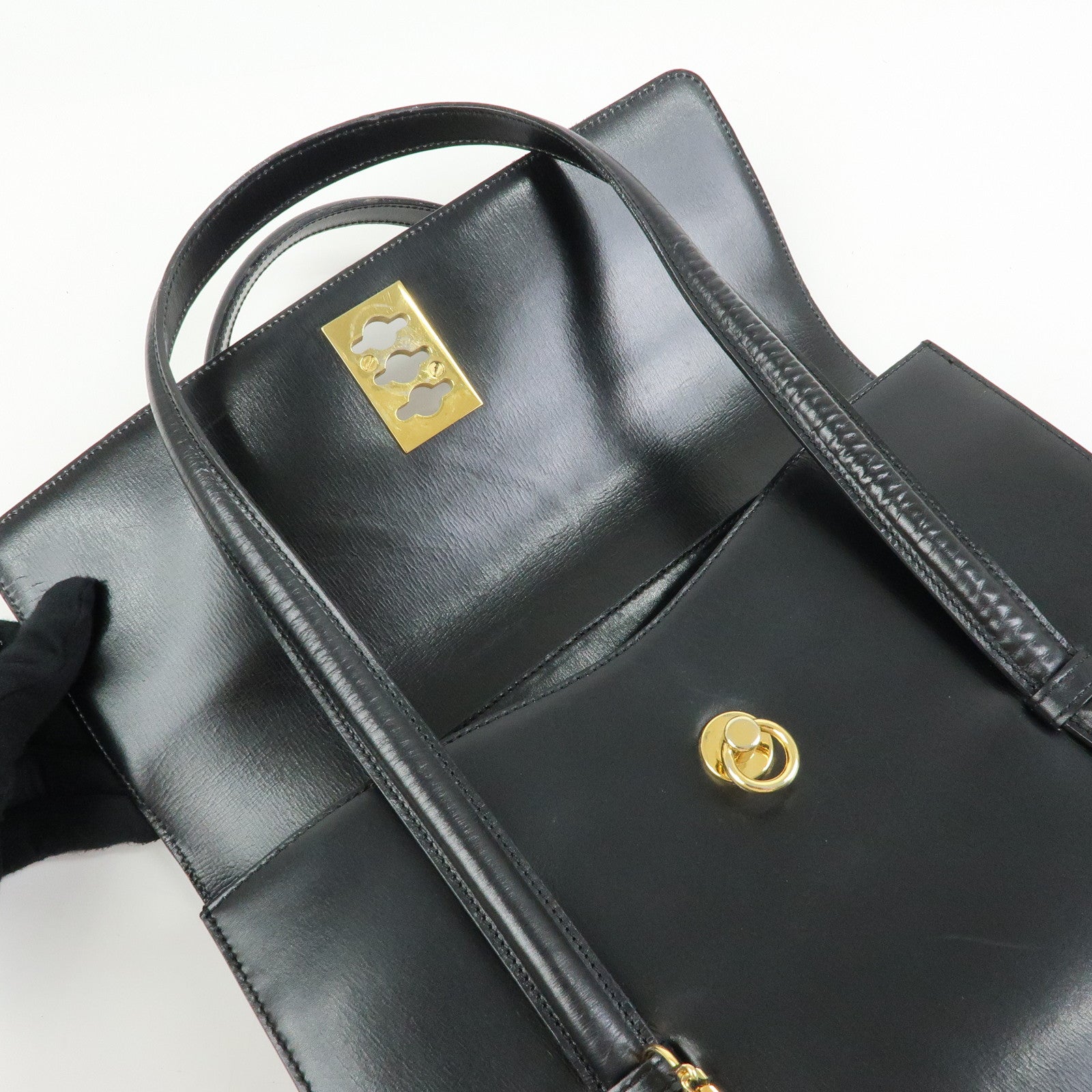CELINE Leather Chain Lock Tote Bag Shoulder Bag Hand Bag Black