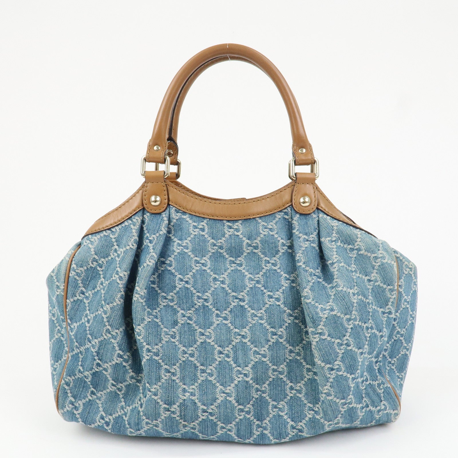 GUCCI Sukey GG Denim Leather Tote Bag Hand Bag Blue Brown 211944