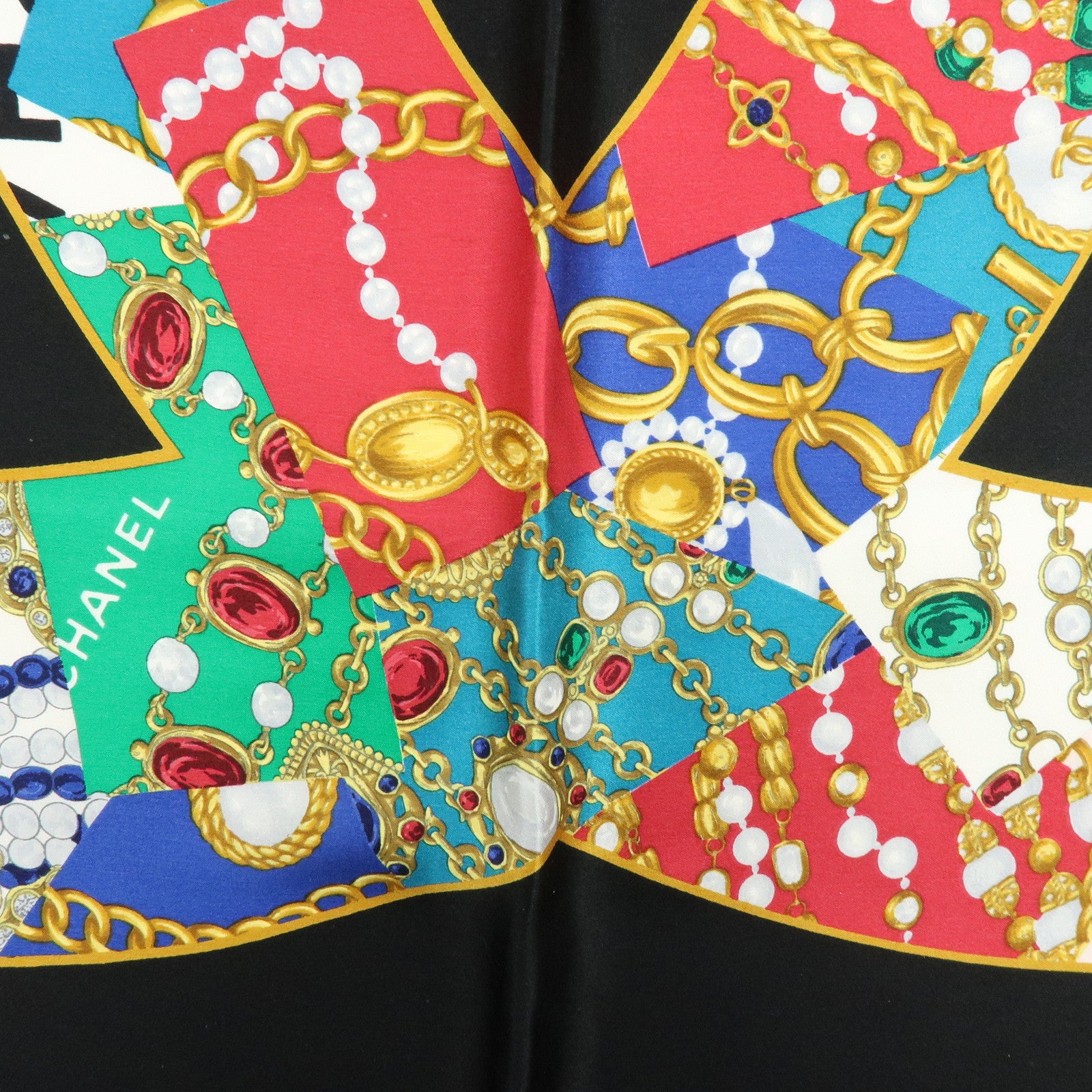 CHANEL COCO Mark Jewelry Motif Silk 100% Scarf Black Multicolor