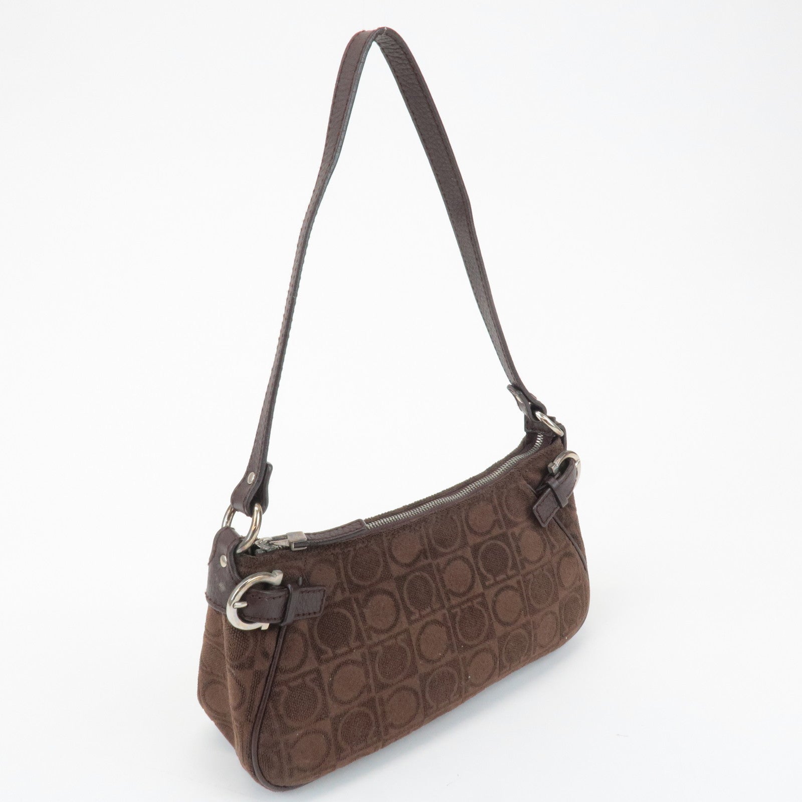 Ferragamo Gancini Leather Cotton Accessoires Pouch Hand Bag Brown Used