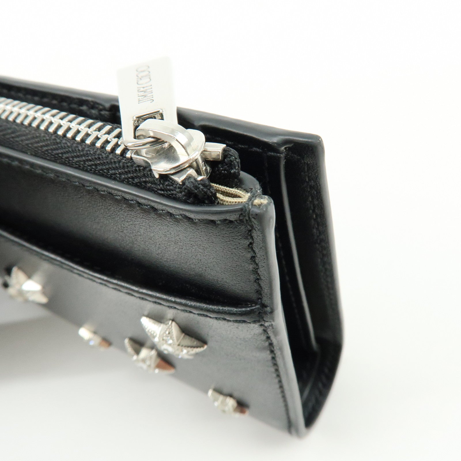 JIMMY CHOO Leather Compact Zippy Wallet Star Studs Black