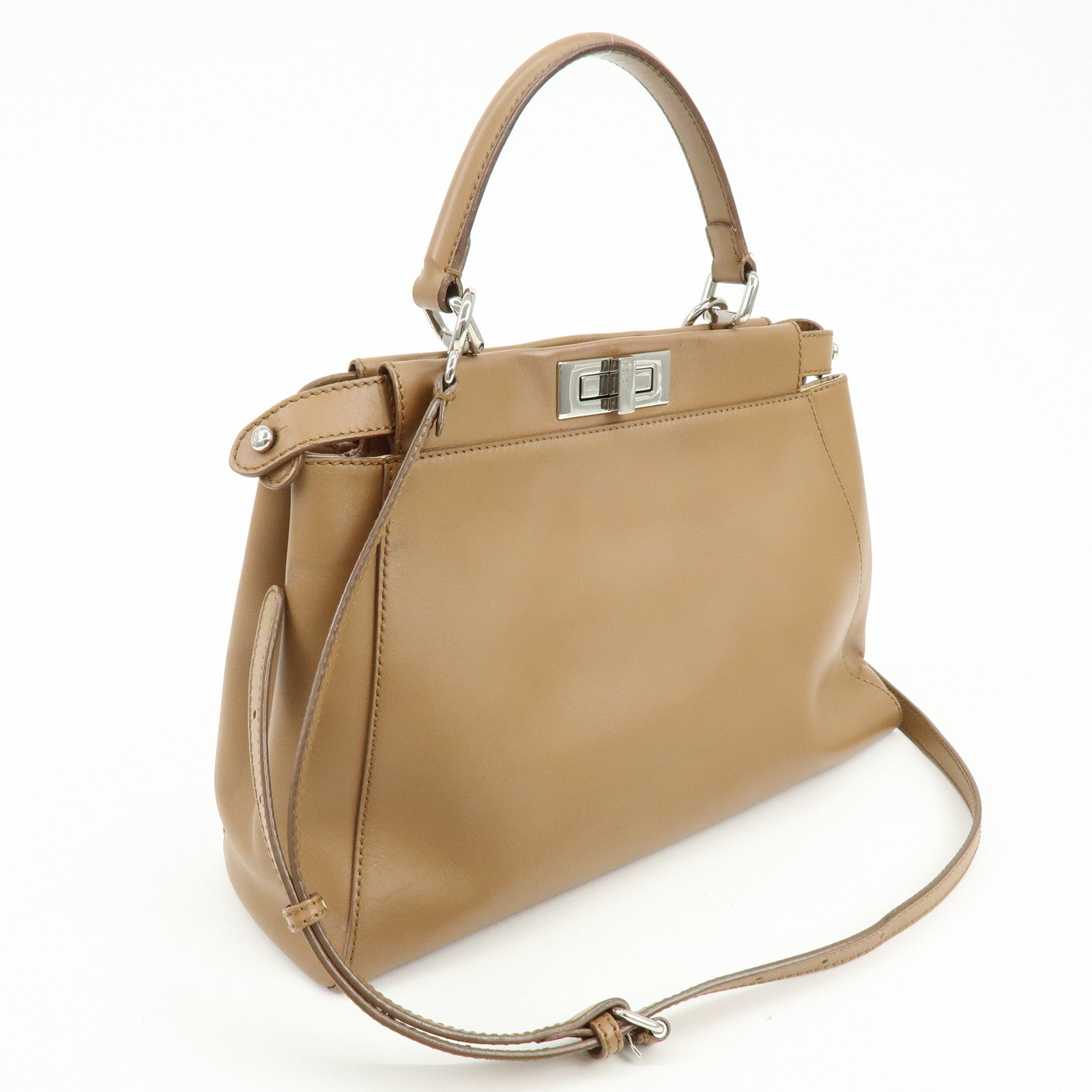 FENDI Peekaboo Leather 2Way Shoulder Bag Hand Bag Camel 8BN226