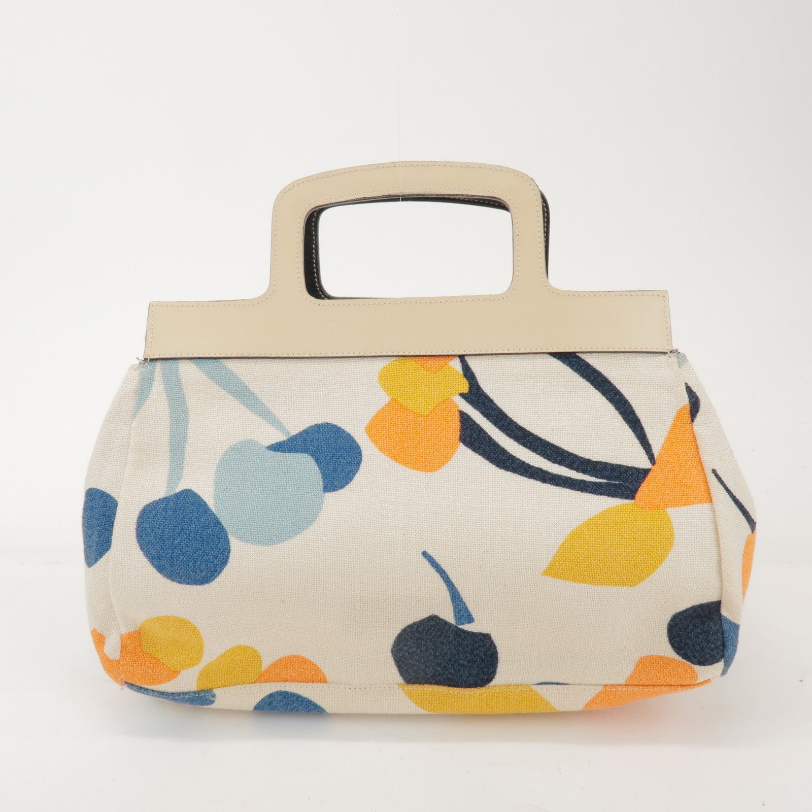 MIU MIU Madras Leather Canvas Reversible Hand Bag Ivory Black