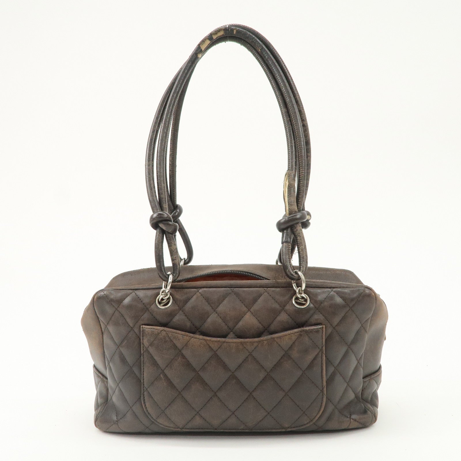 CHANEL Cambon Line Lamb Skin Bowling Bag Hand Bag Brown A25171 Used