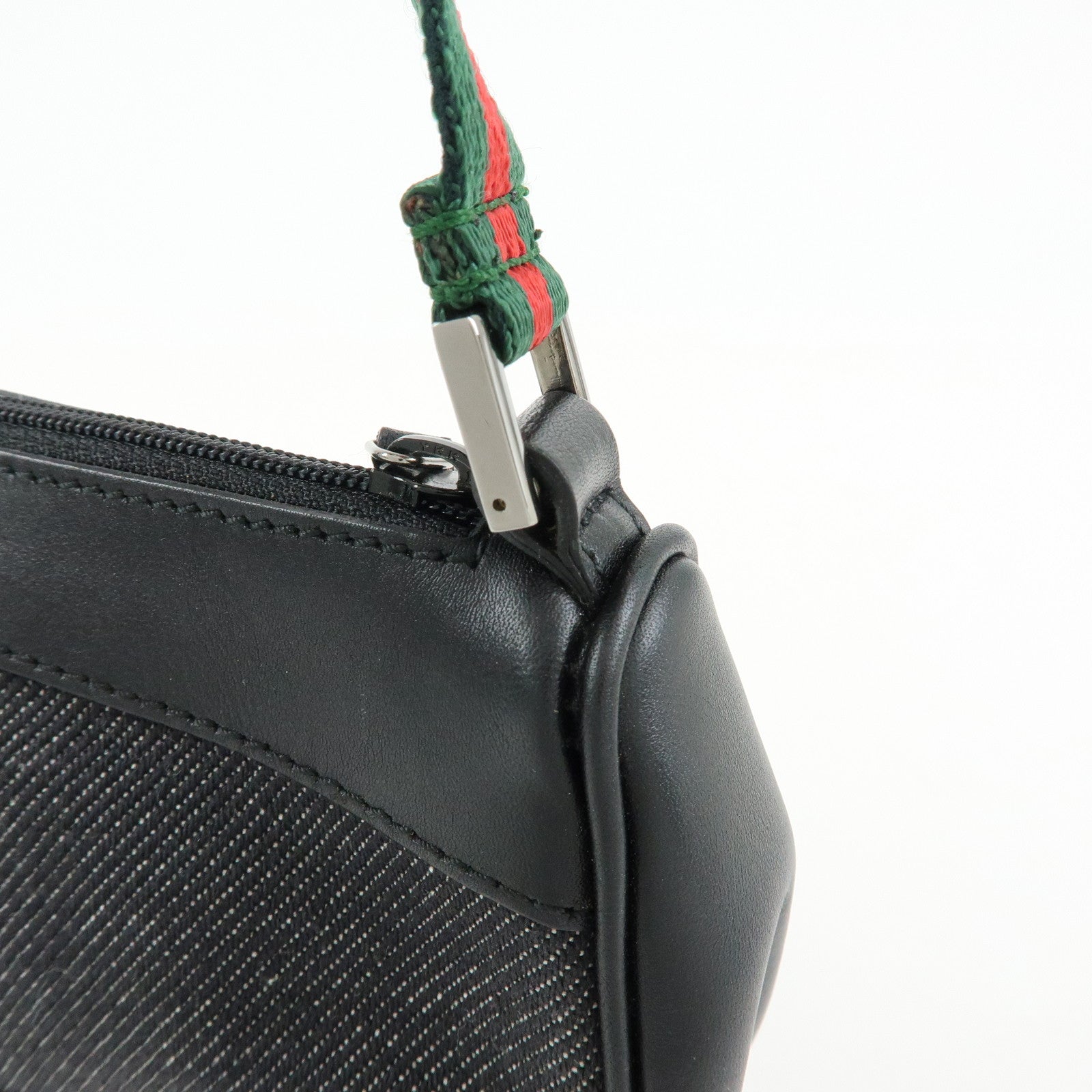 GUCCI Sherry Denim Leather Accessory Pouch Hand Bag Black 92820