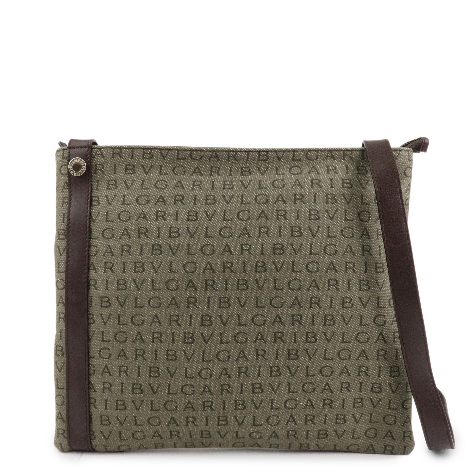 BVLGARI Logo Mania Leather Canvas Shoulder Bag Khaki Dark Brown Used