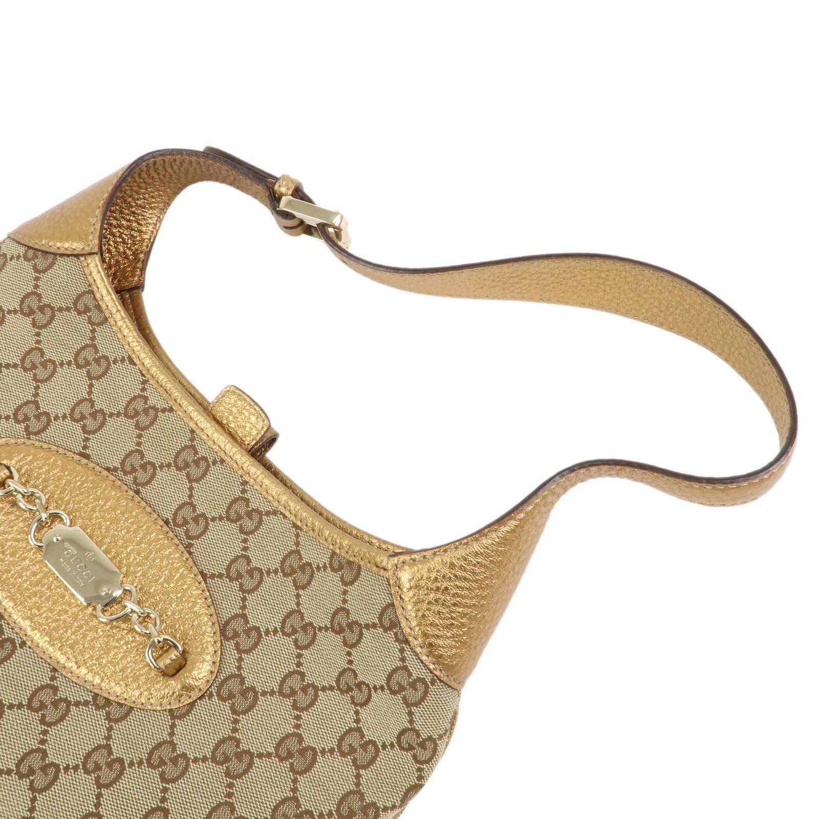 GUCCI GG Monogram Canvas Leather Shoulder Bag Beige Gold 145778