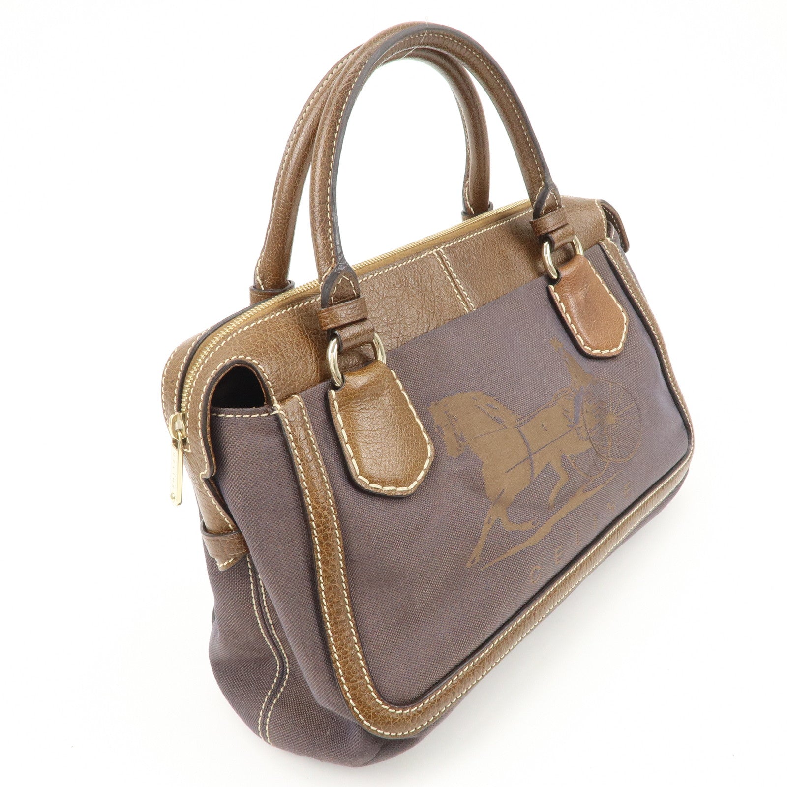 CELINE Leather Canvas Hand Bag Sulky Print Brown Used