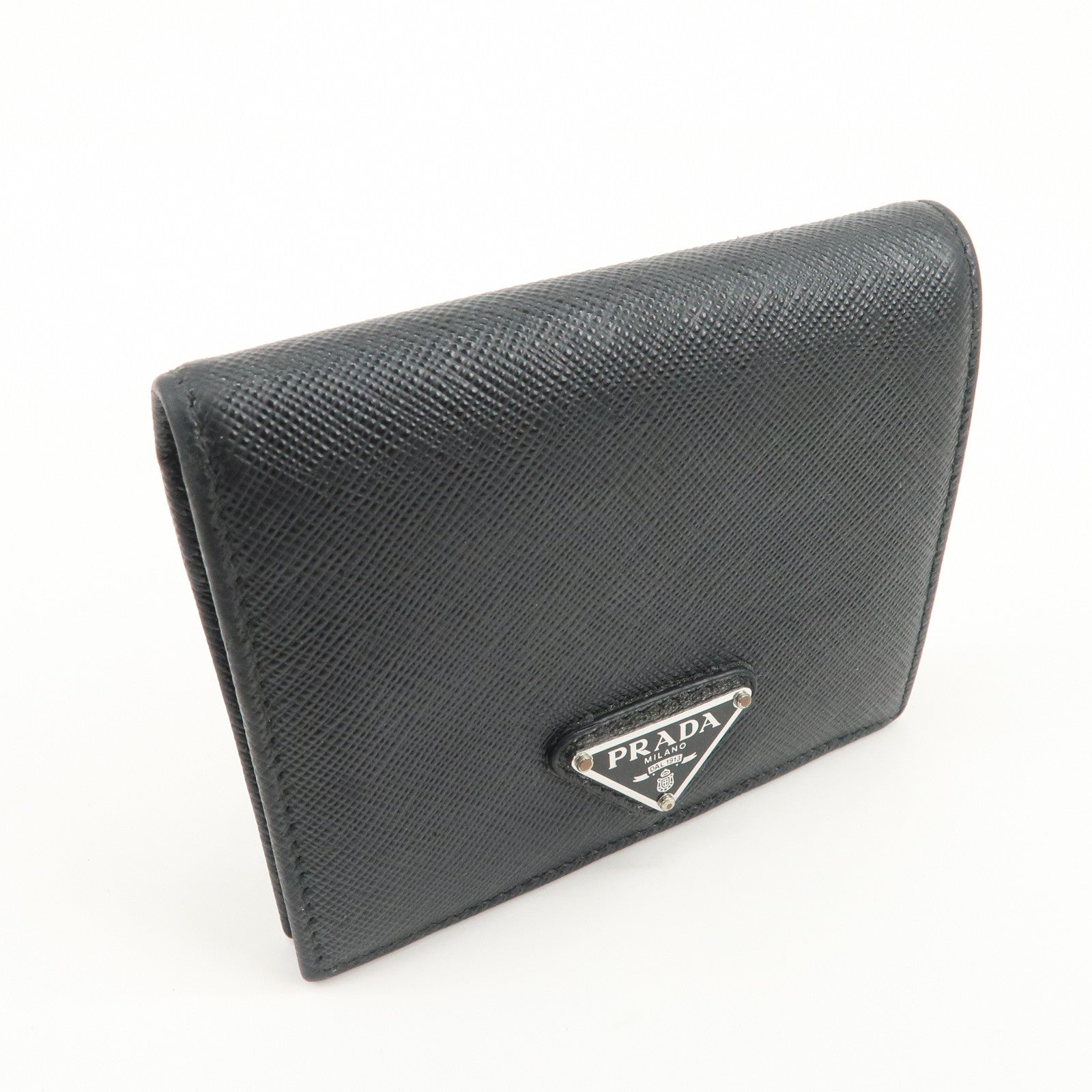PRADA Triangle Logo Saffiano Leather Bi-Fold Compact Wallet Black