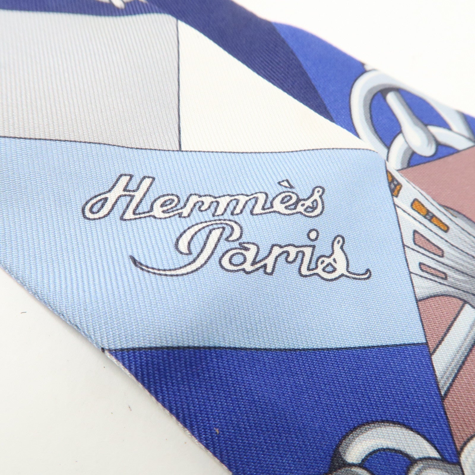 HERMES Silk 100% Twilly Scarf Qliquetis Navy White Blue Gray