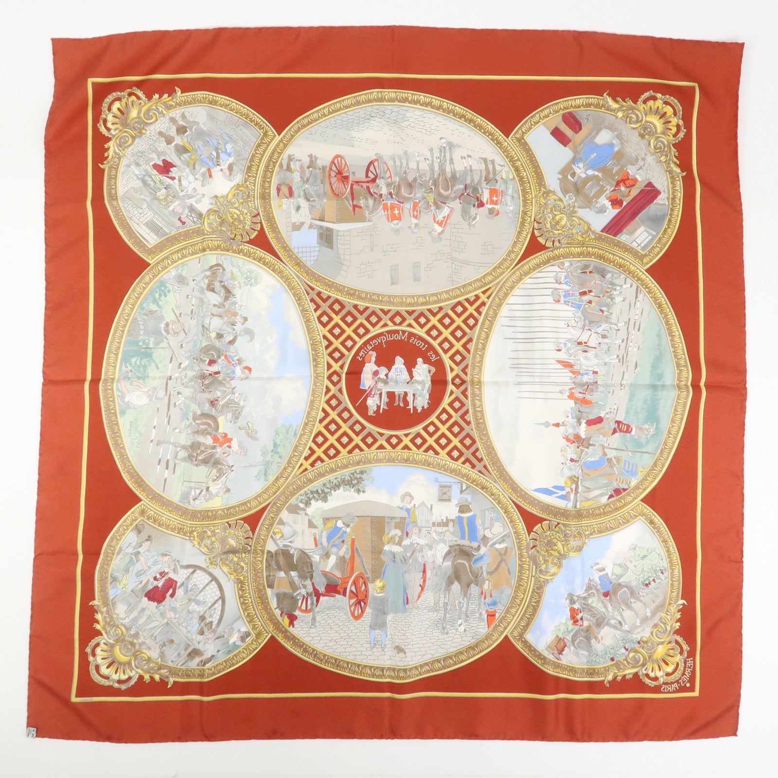 HERMES Carre 90 Silk 100% Scarf Les Trois Mousquetaires Red