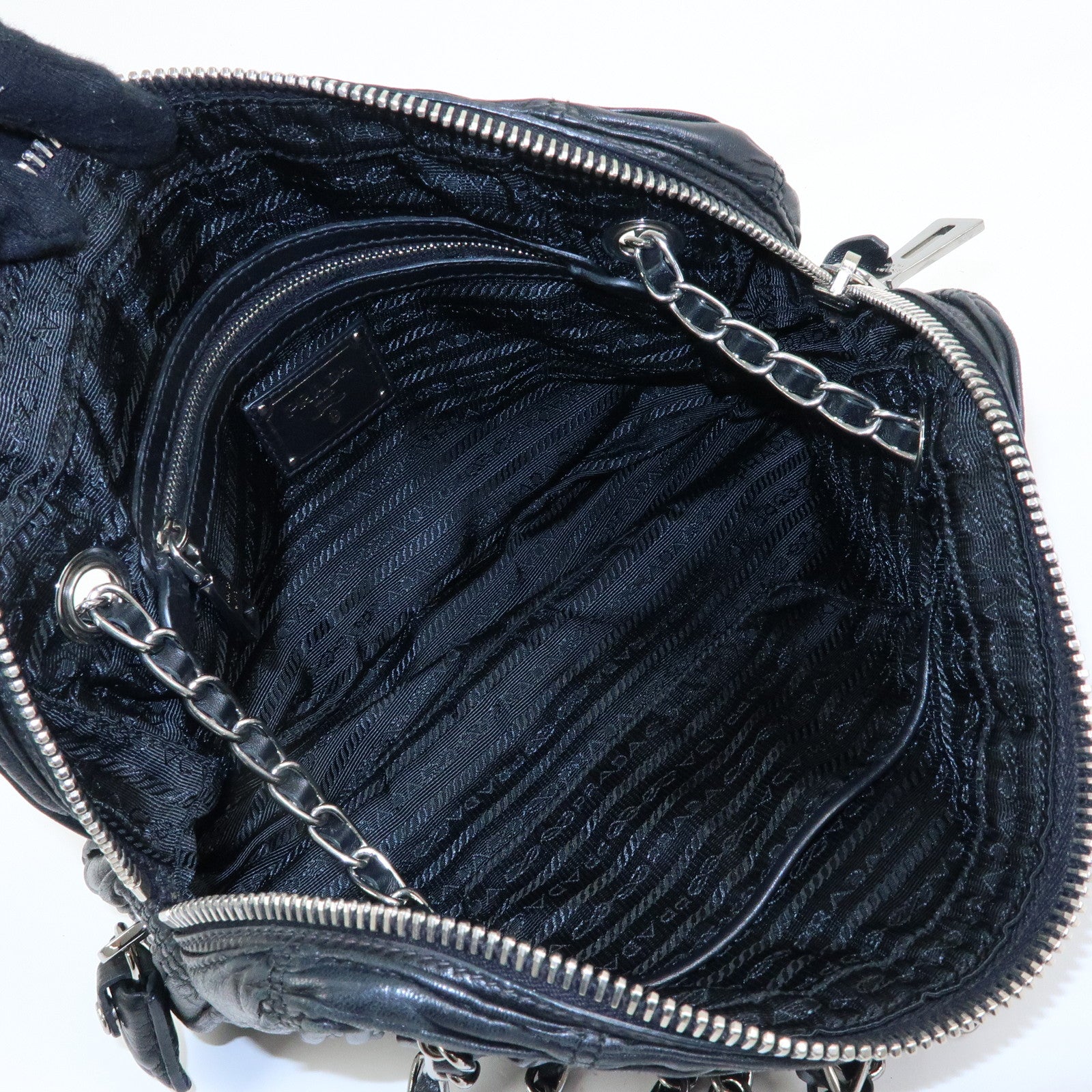 PRADA Logo Nappa Leather Gathered Chain Shoulder Bag Black