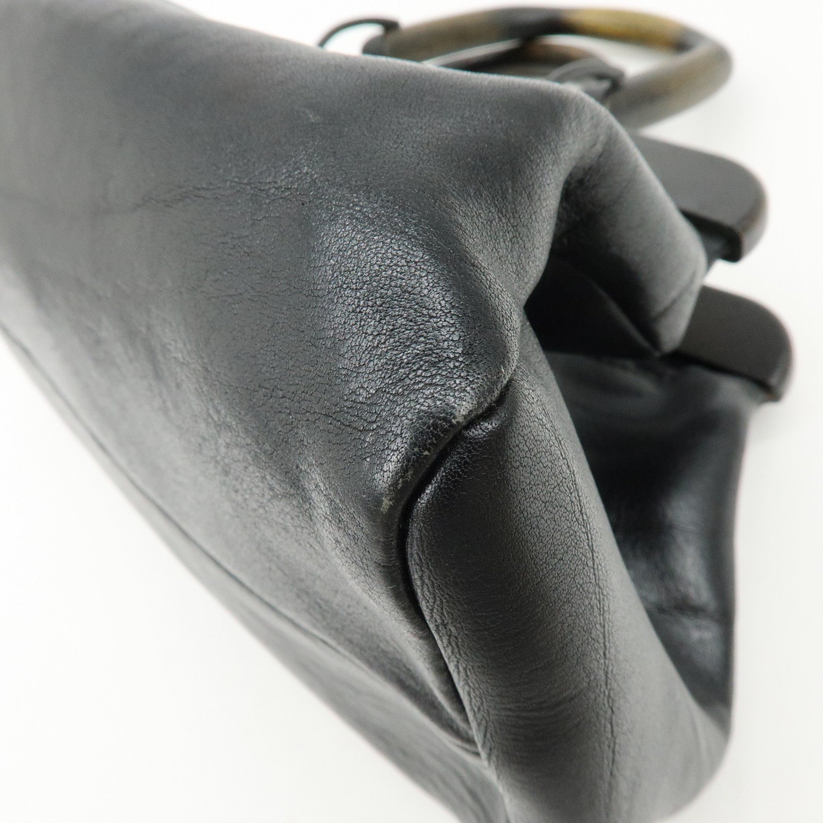 GUCCI Leather Wood Hand Bag Doctor Bag Black 105377