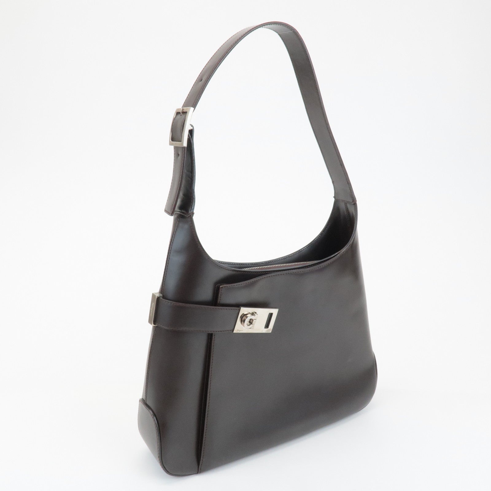 Ferragamo Gancini Leather Shoulder Bag Hand Bag Dark Brown Used