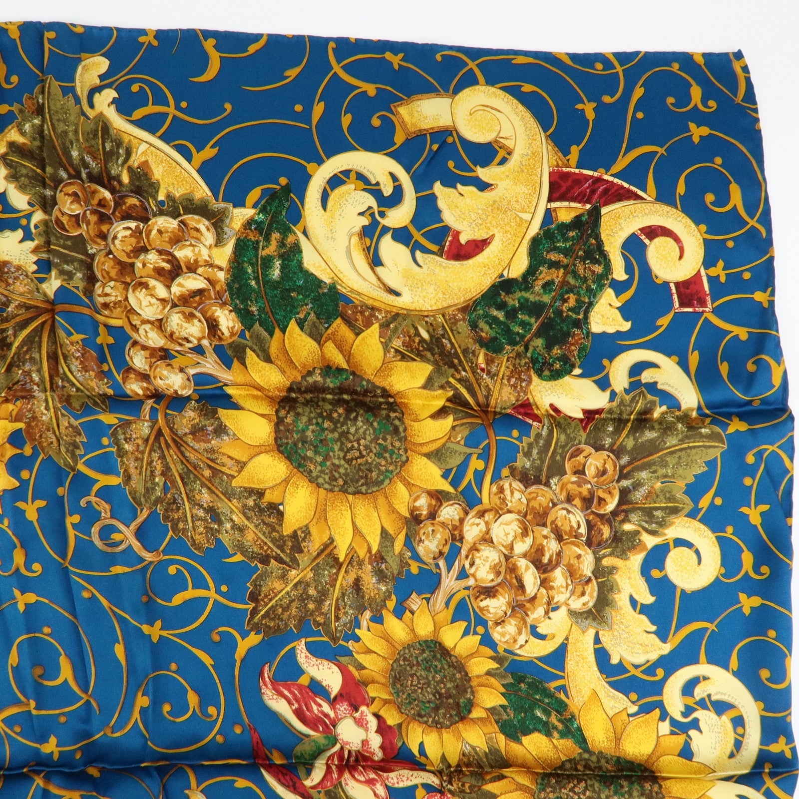 CHANEL Silk 100% Scarf Flower Print Sunflower Blue Gold