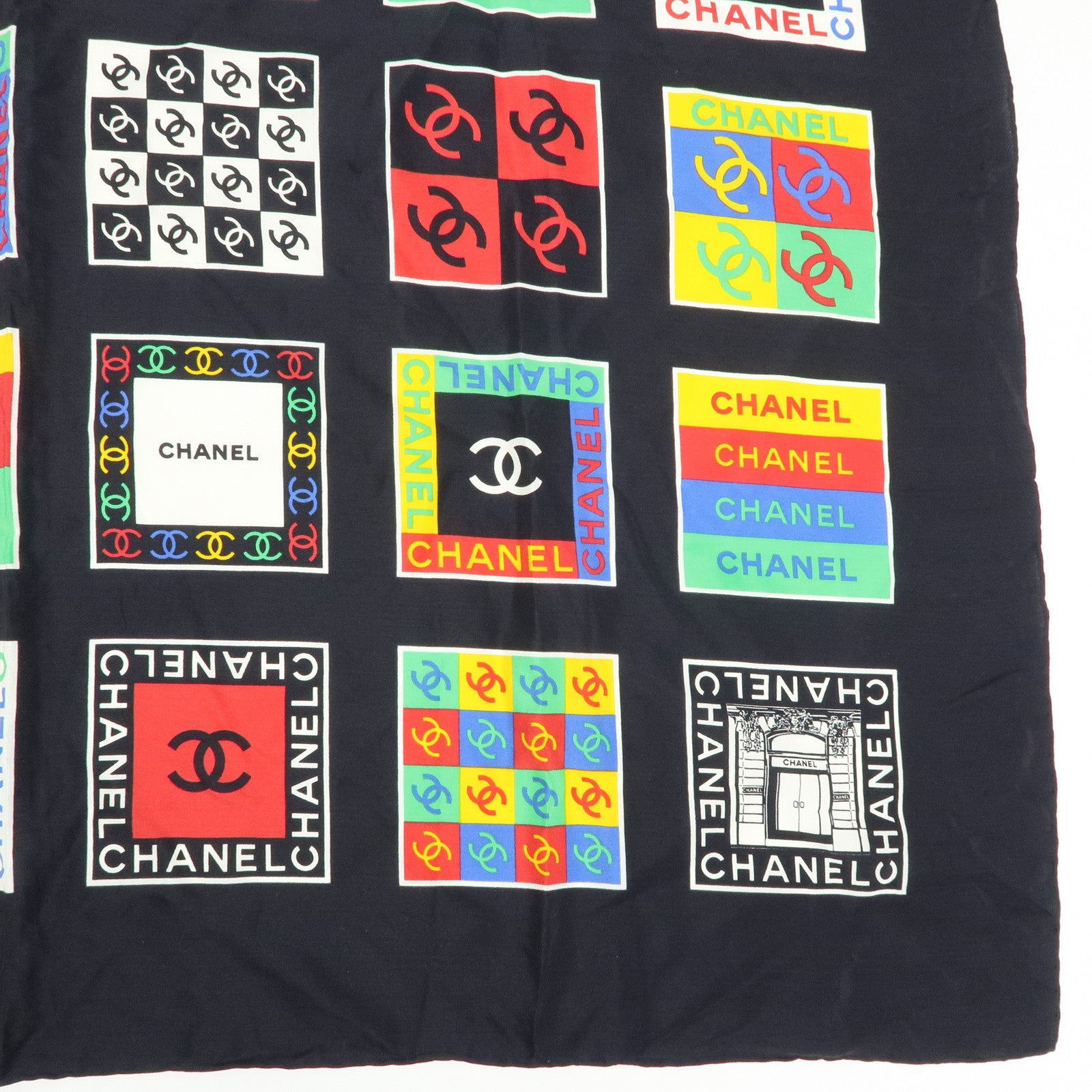 CHANEL COCO Mark Silk 100% Scarf 85×85 Black Multicolor