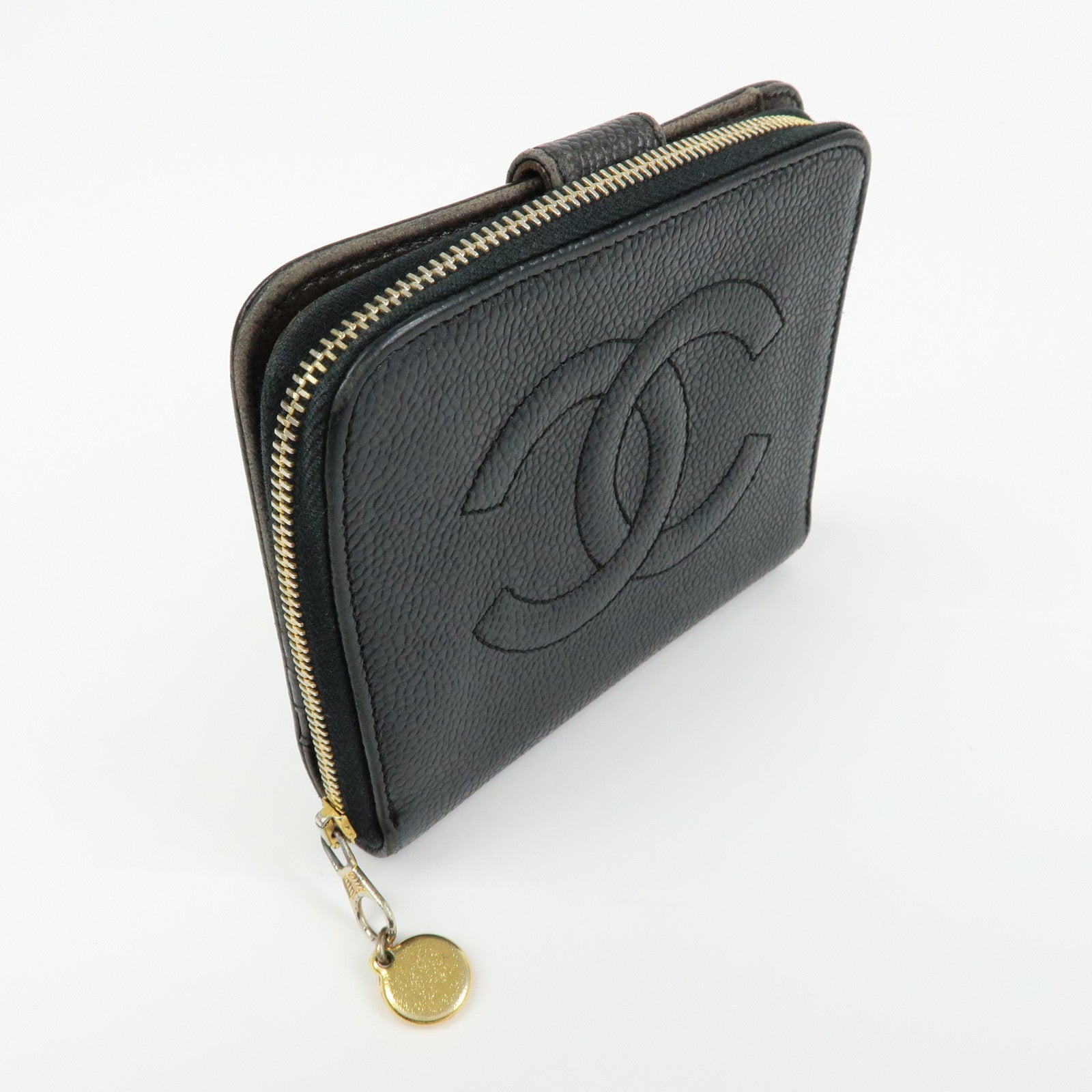 CHANEL COCO Mark Cavairskin Compact Bi-Fold Wallet Black