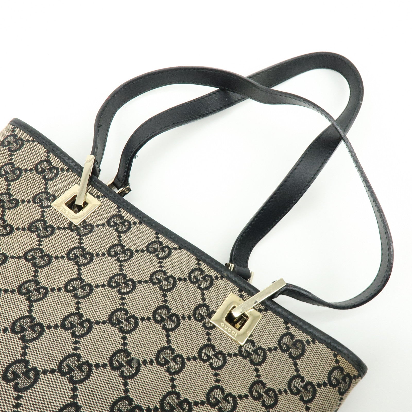 GUCCI GG Canvas Leather Tote Bag Hand Bag Beige Black 0021099