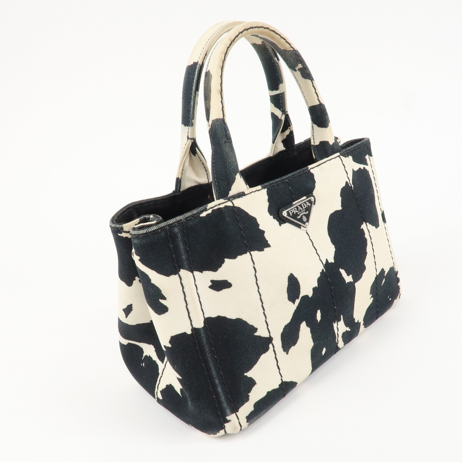 PRADA Logo Canapa Mini Canvas 2Way Bag Hand Bag Black White B2439G Used