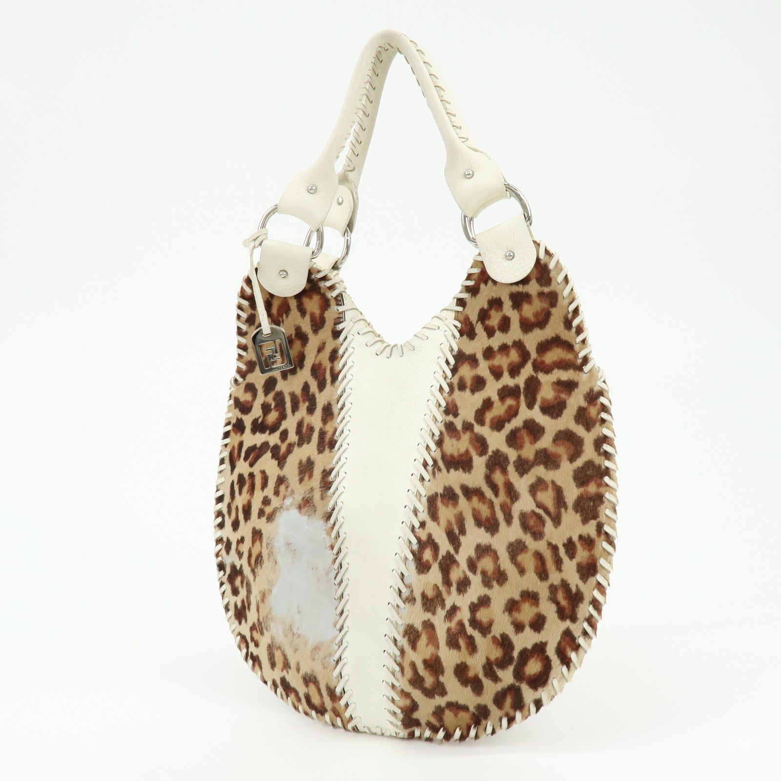 FENDI Unborn Calf Leather Tote Bag Leopard White Beige 8BR285