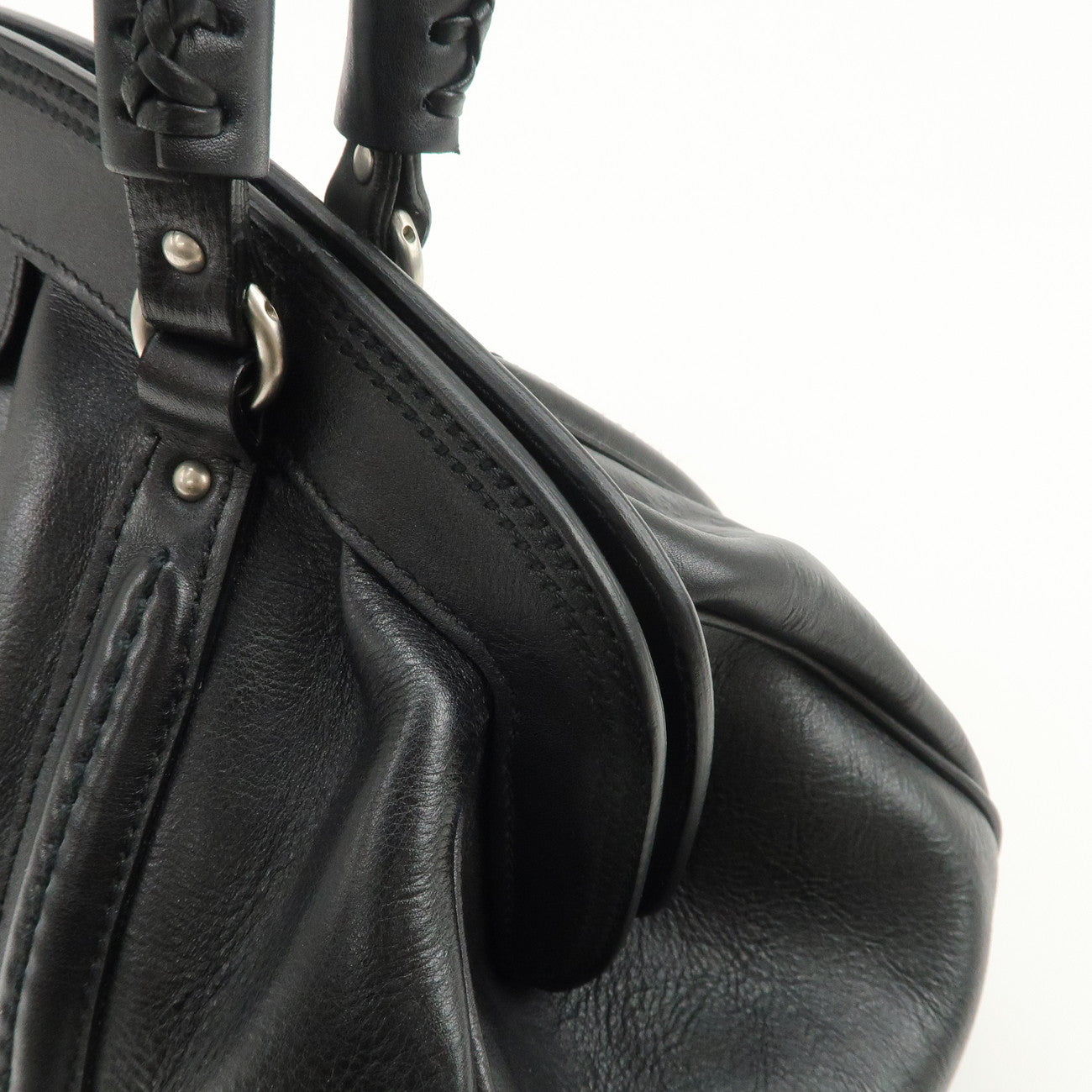 Christian Dior Logo Leather Hand Bag Shoulder Bag Black Silver