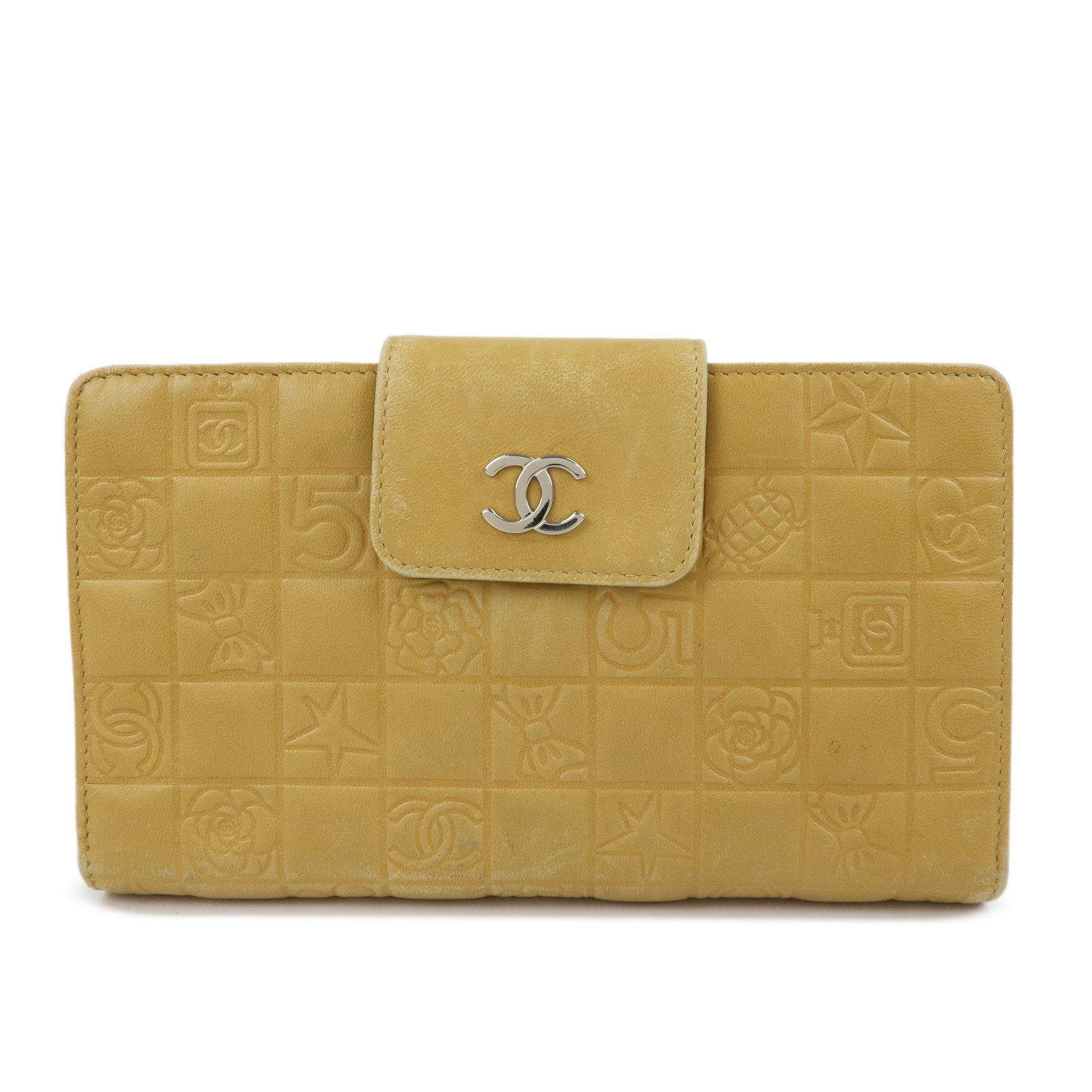 CHANEL Chocolate Bar Lamb Skin Long Wallet Yellow Beige A82281