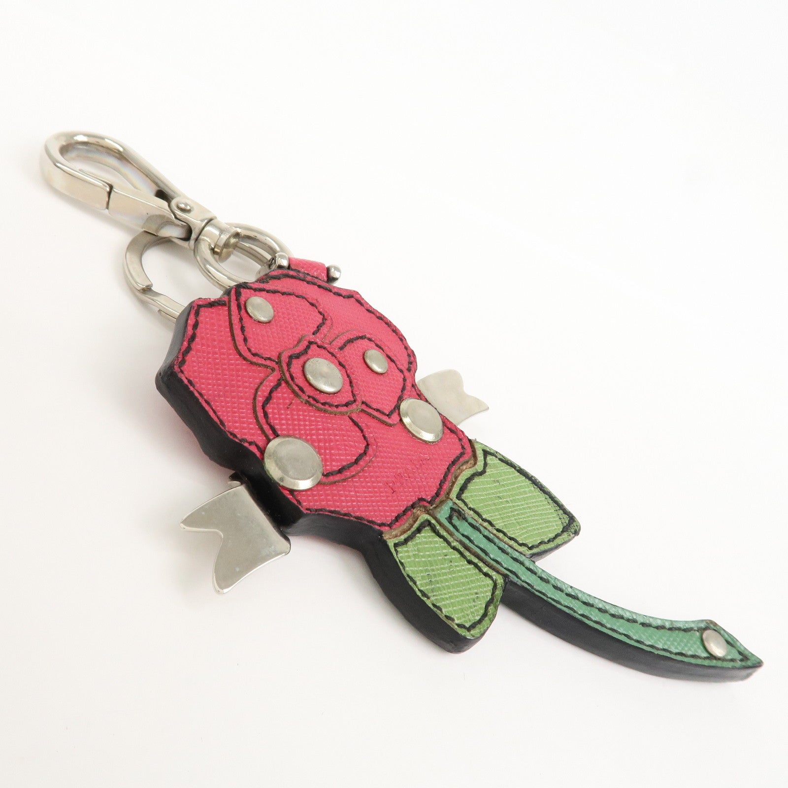 PRADA Rose Motif Leather Bag Charm Key Chain Red Green 1AR290