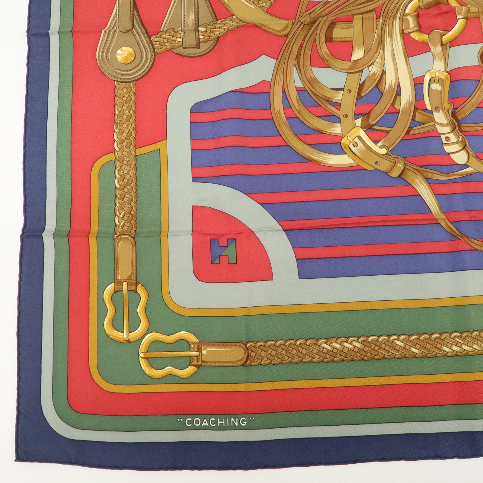 HERMES Carre 90 Silk 100% COACHING Scarf Red Multi Color