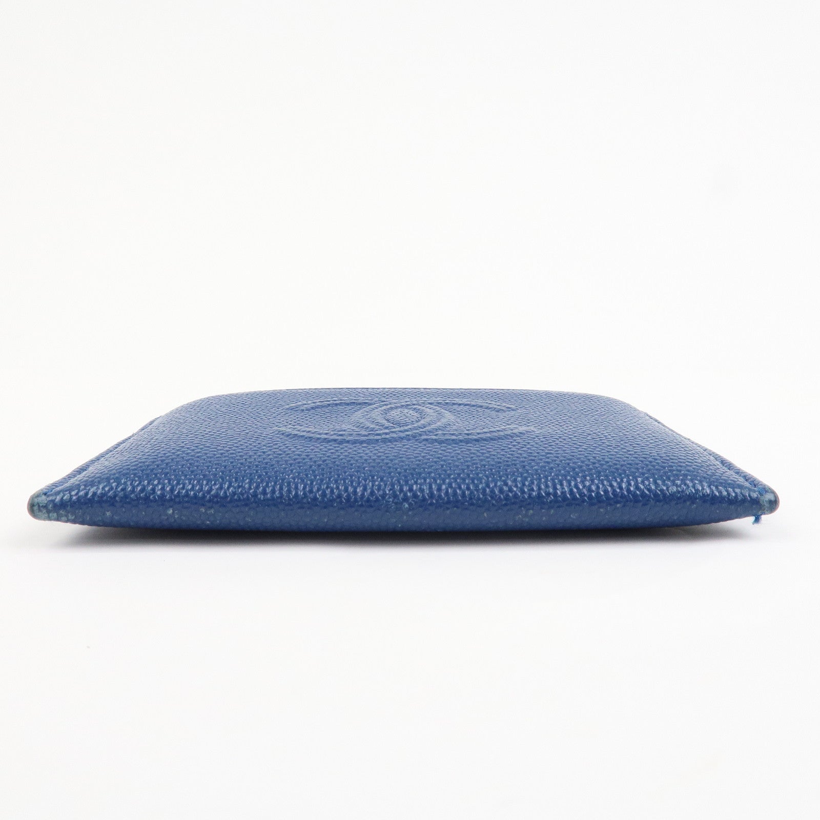 CHANEL Logo Caviarskin Leather Card Case Card Holder Blue