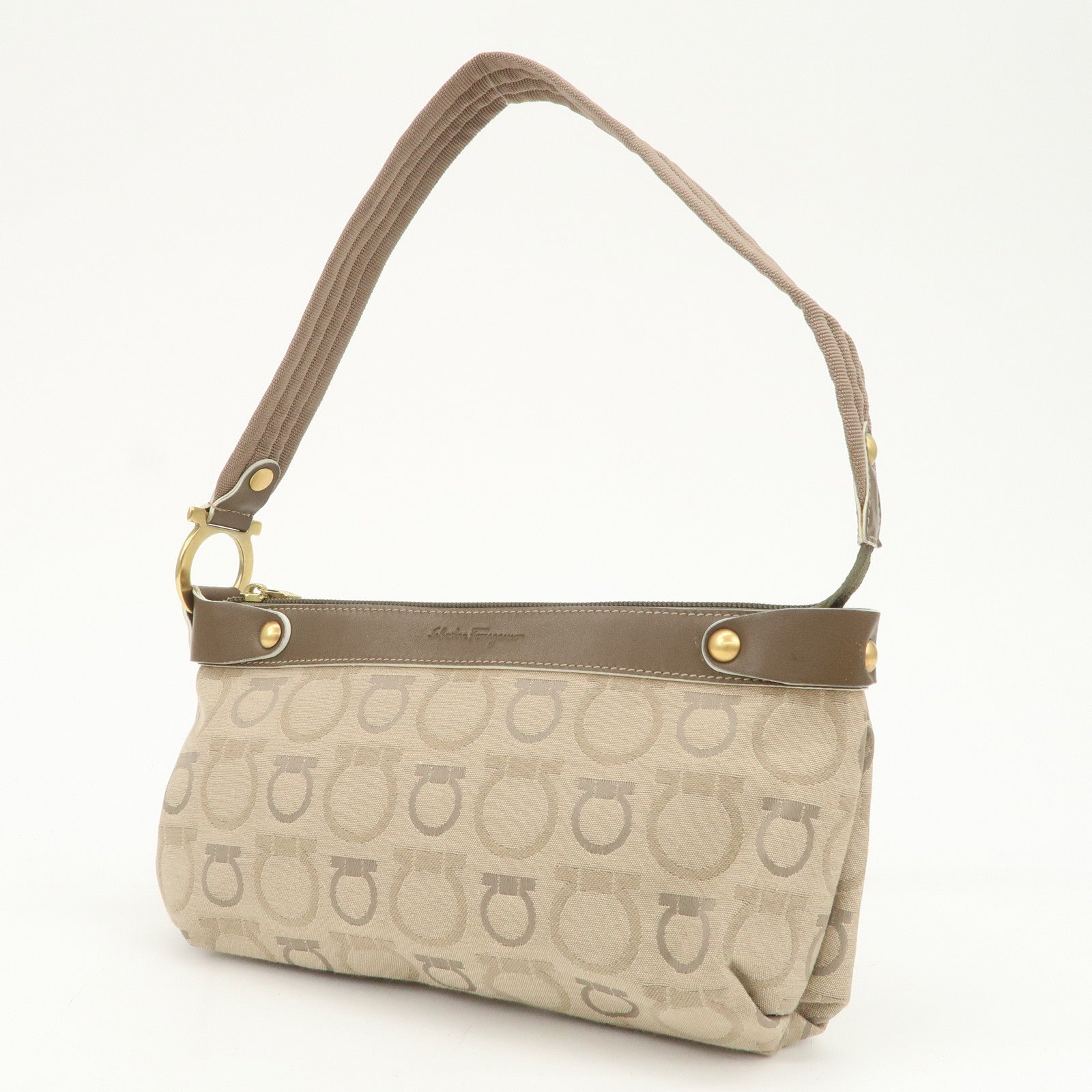Ferragamo Gancini Canvas Leather Shoulder Bag Hand Bag Beige Brown