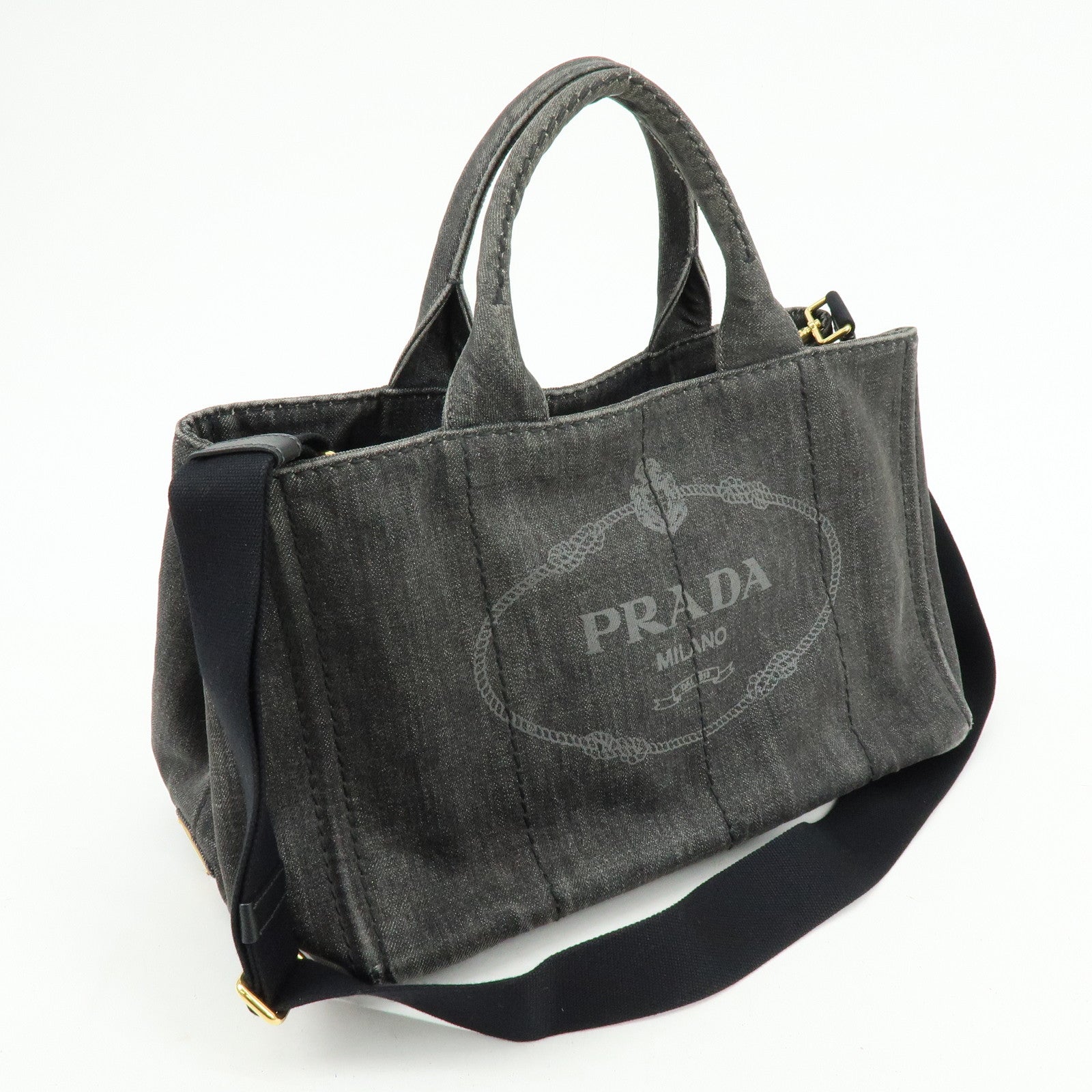 PRADA Canapa Denim Tote Bag Hand Bag Black 1BG642