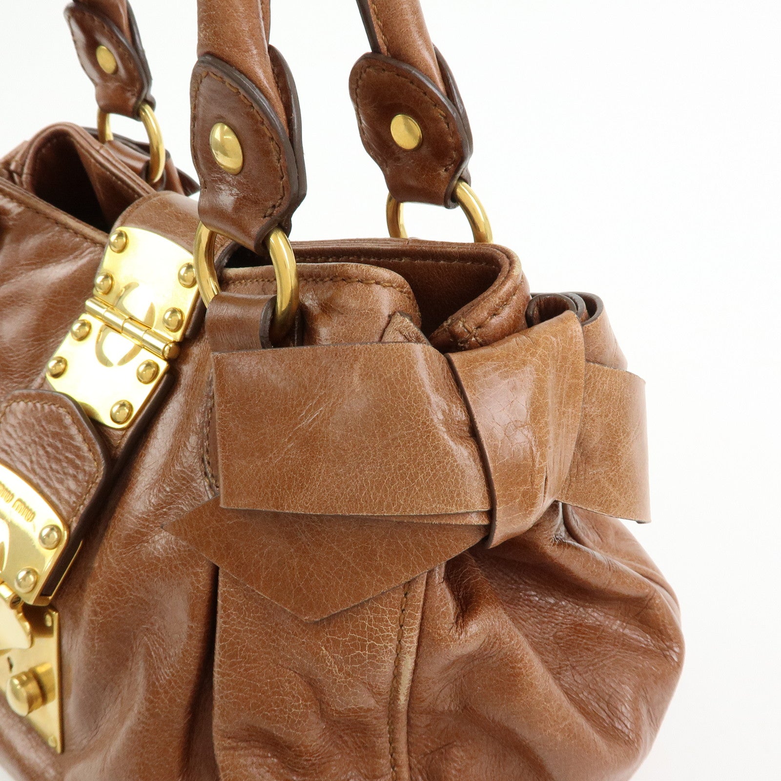 MIU MIU Leather 2Way Bag Hand Bag Shoulder Bag Side Ribbon Brown