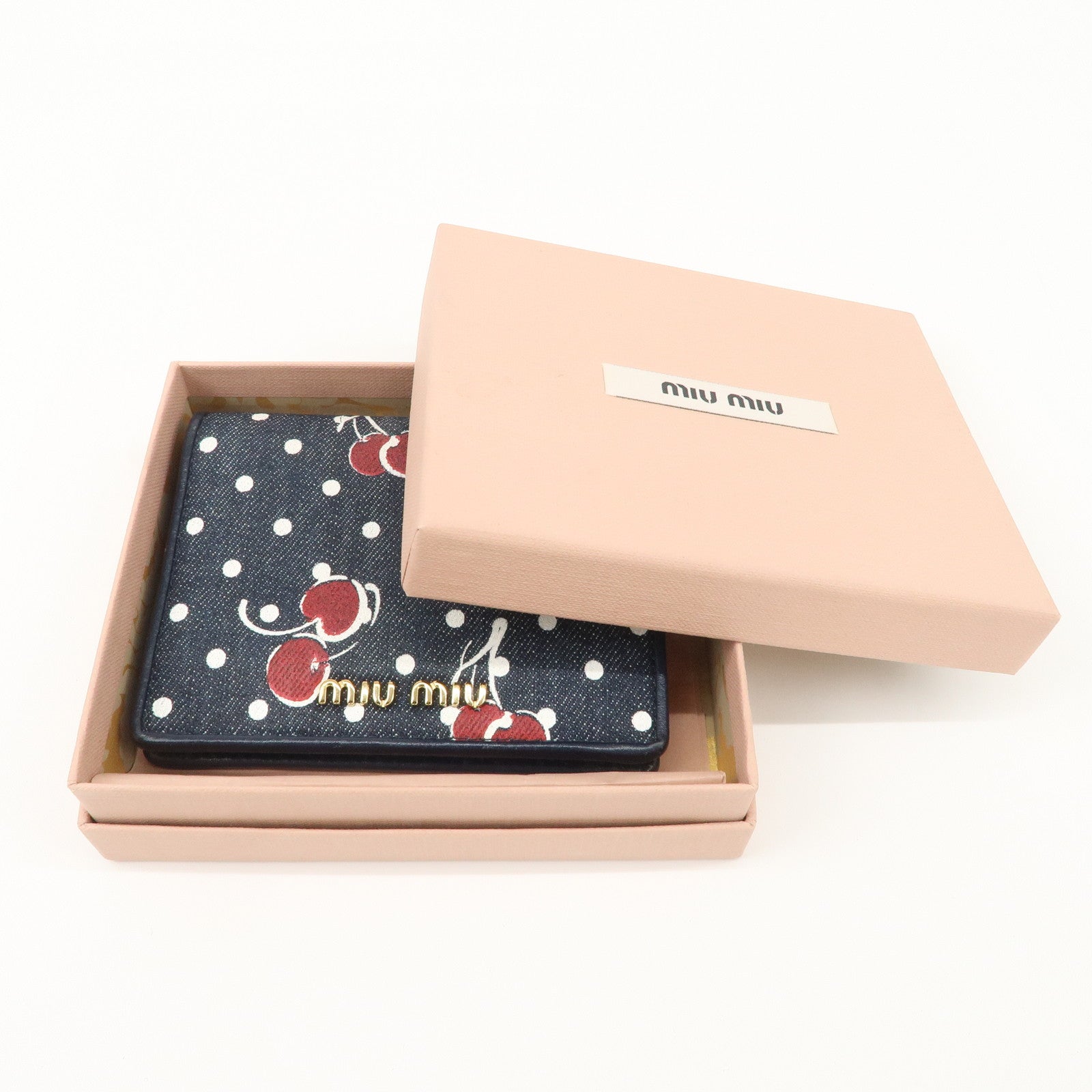 MIU MIU Cherry Denim Leather Bifold Compact Wallet Navy Red Used