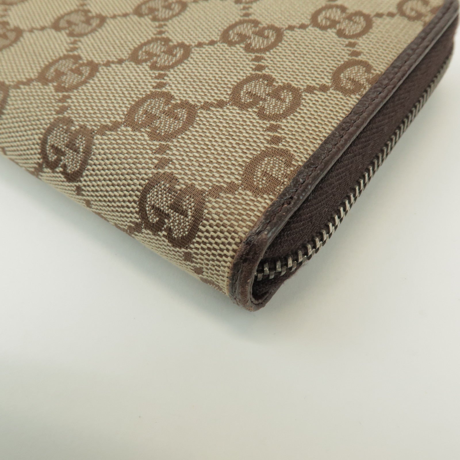 GUCCI GG Canvas Leather Round Zippy Long Wallet Beige Brown 112724