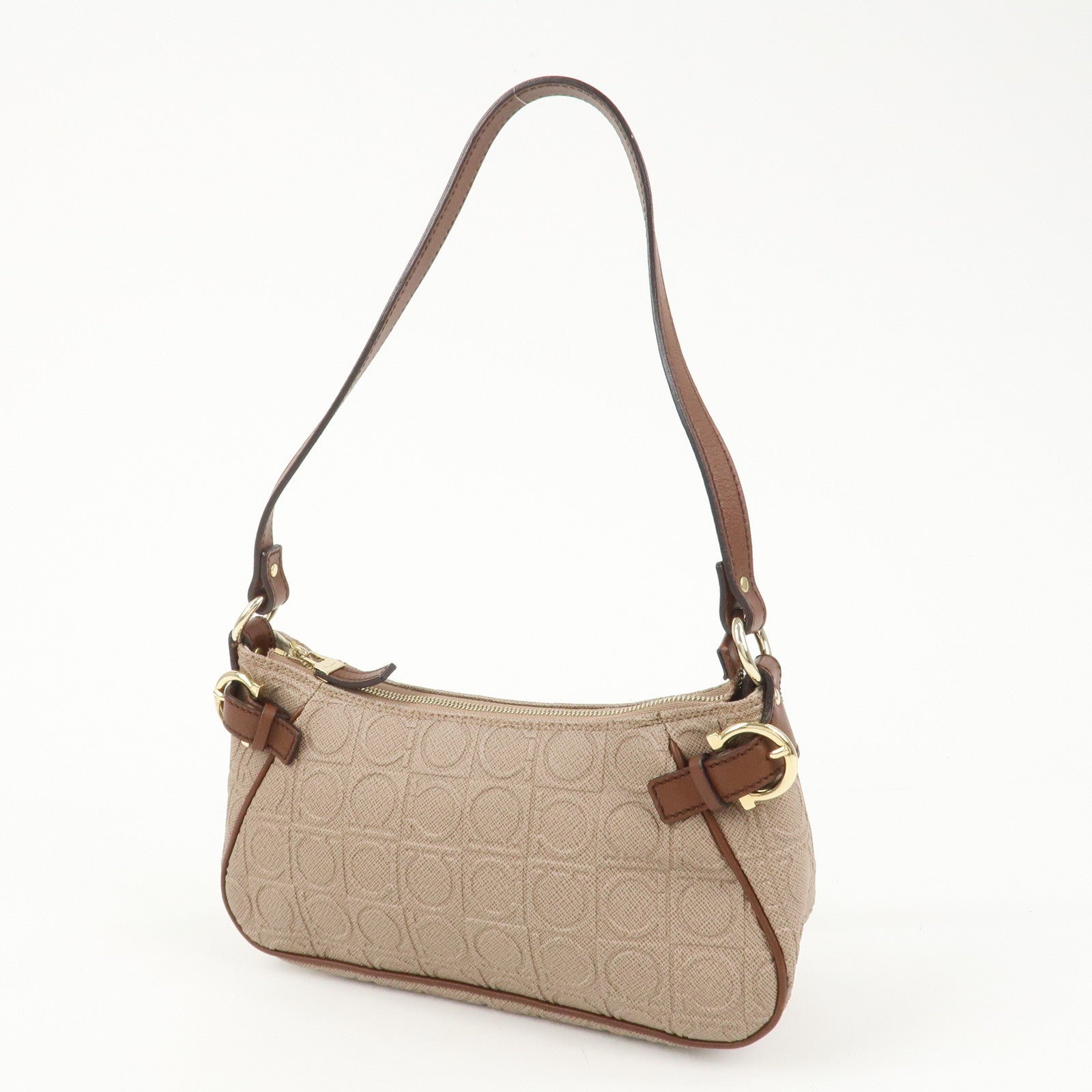 Ferragamo Gancini Logo PVC Leather Shoulder Bag Hand Bag Brown