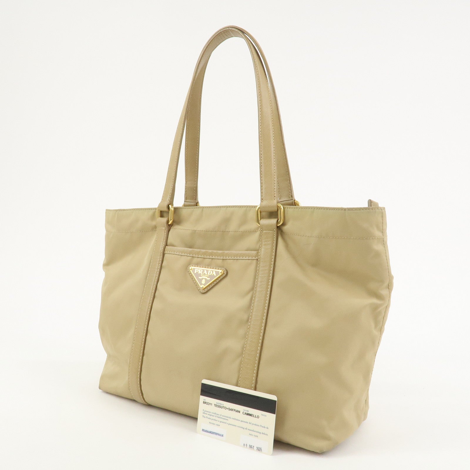 PRADA Triangle Logo Nylon Saffiano Leather Tote Bag Beige BR2311