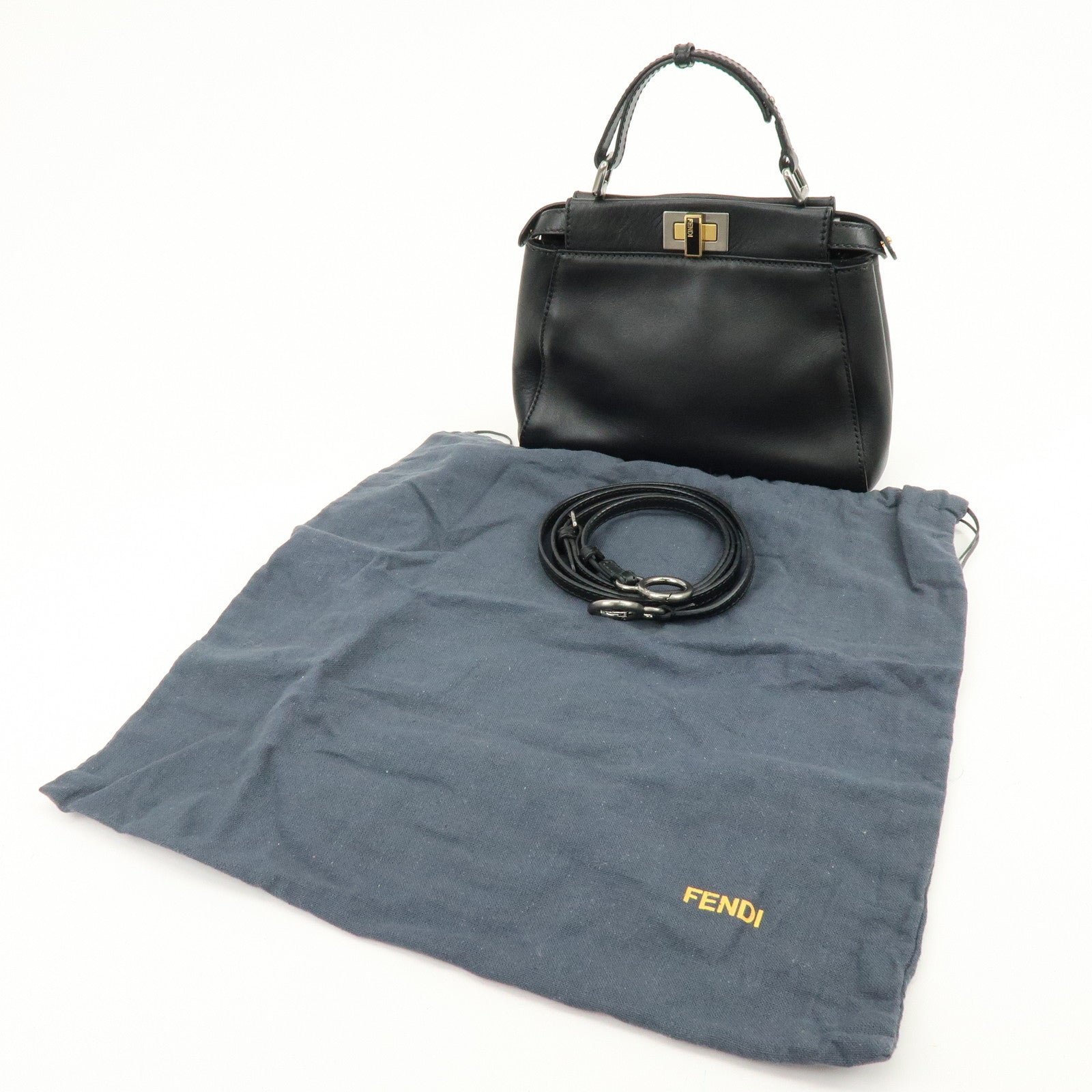 FENDI Peekaboo Leather 2Way Bag Hand Bag Shoulder Bag Black 8BN227