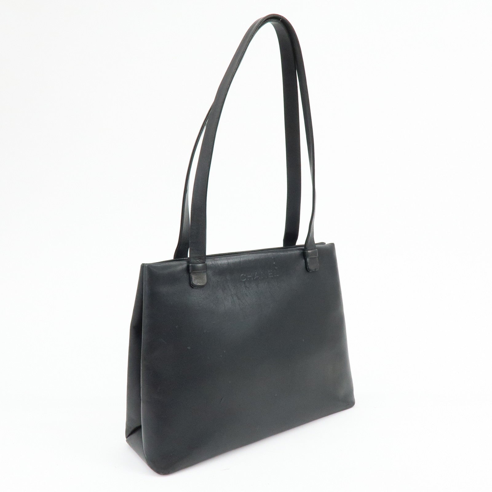 CHANEL Logo Calf Skin Tote Bag Shoulder Bag Hand Bag Black