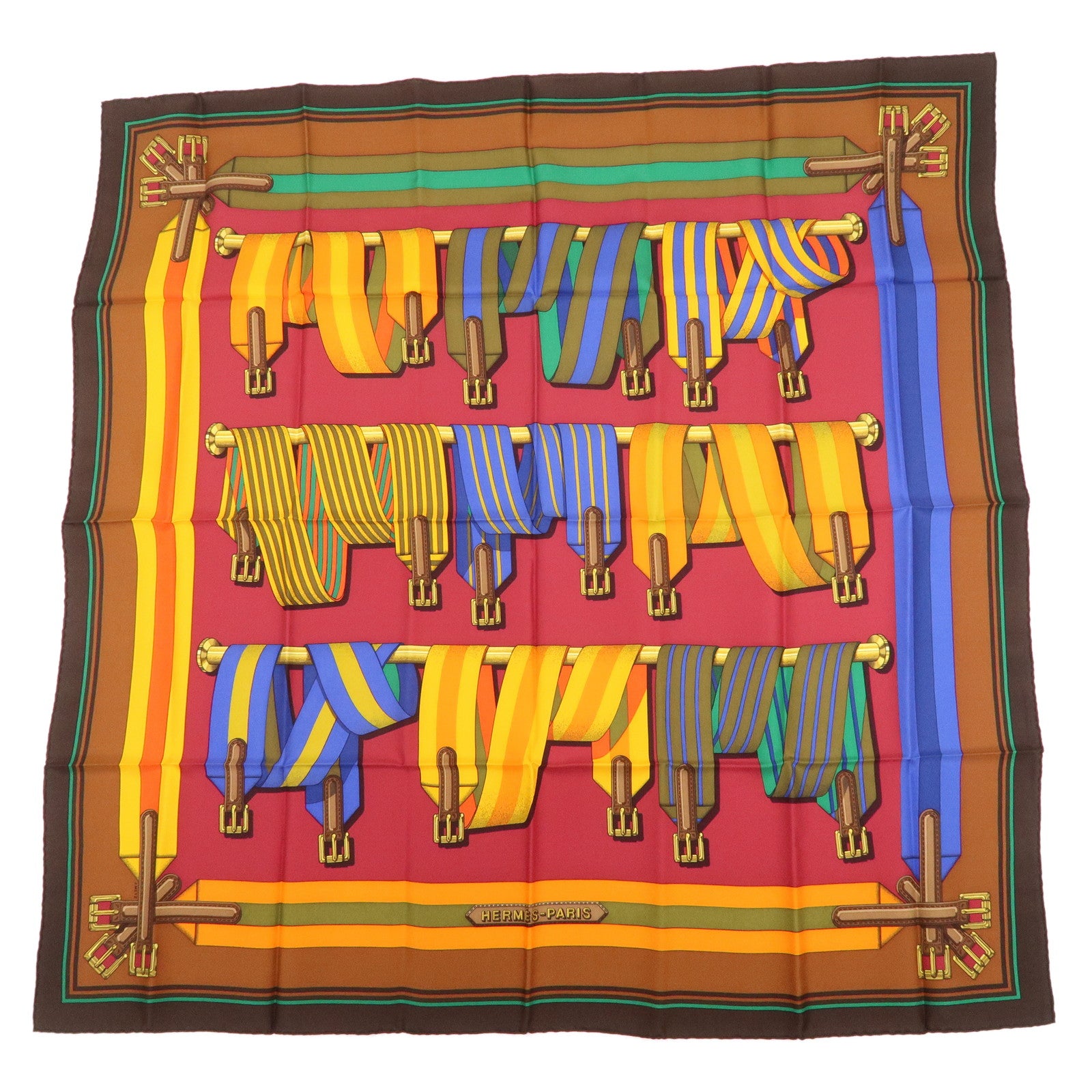 HERMES Carre 90 Silk 100% Scarf J.METZ Les Sangles Wine Red Yellow