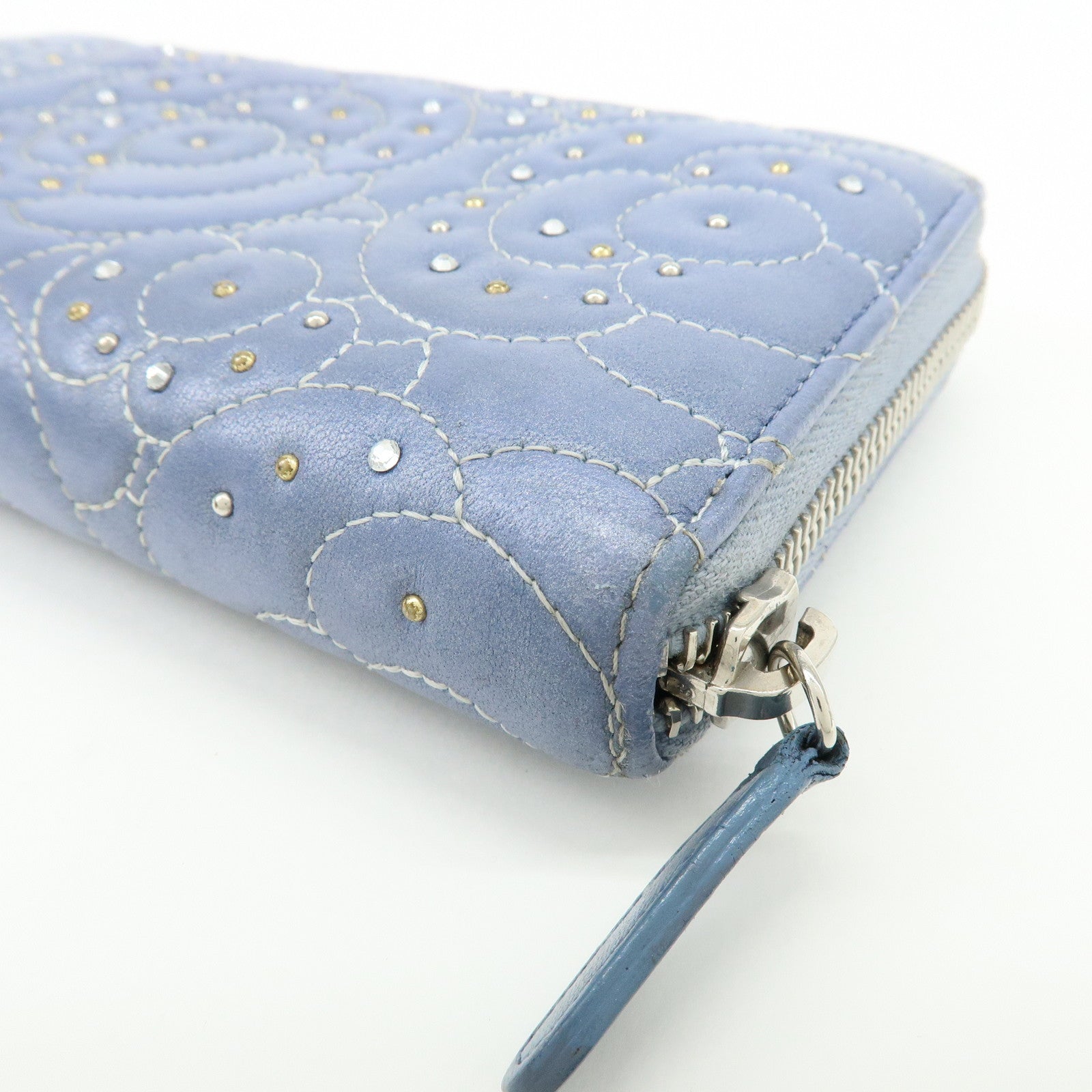 CHANEL Camellia Lamb Skin Round Zippy Wallet Light Blue A82281