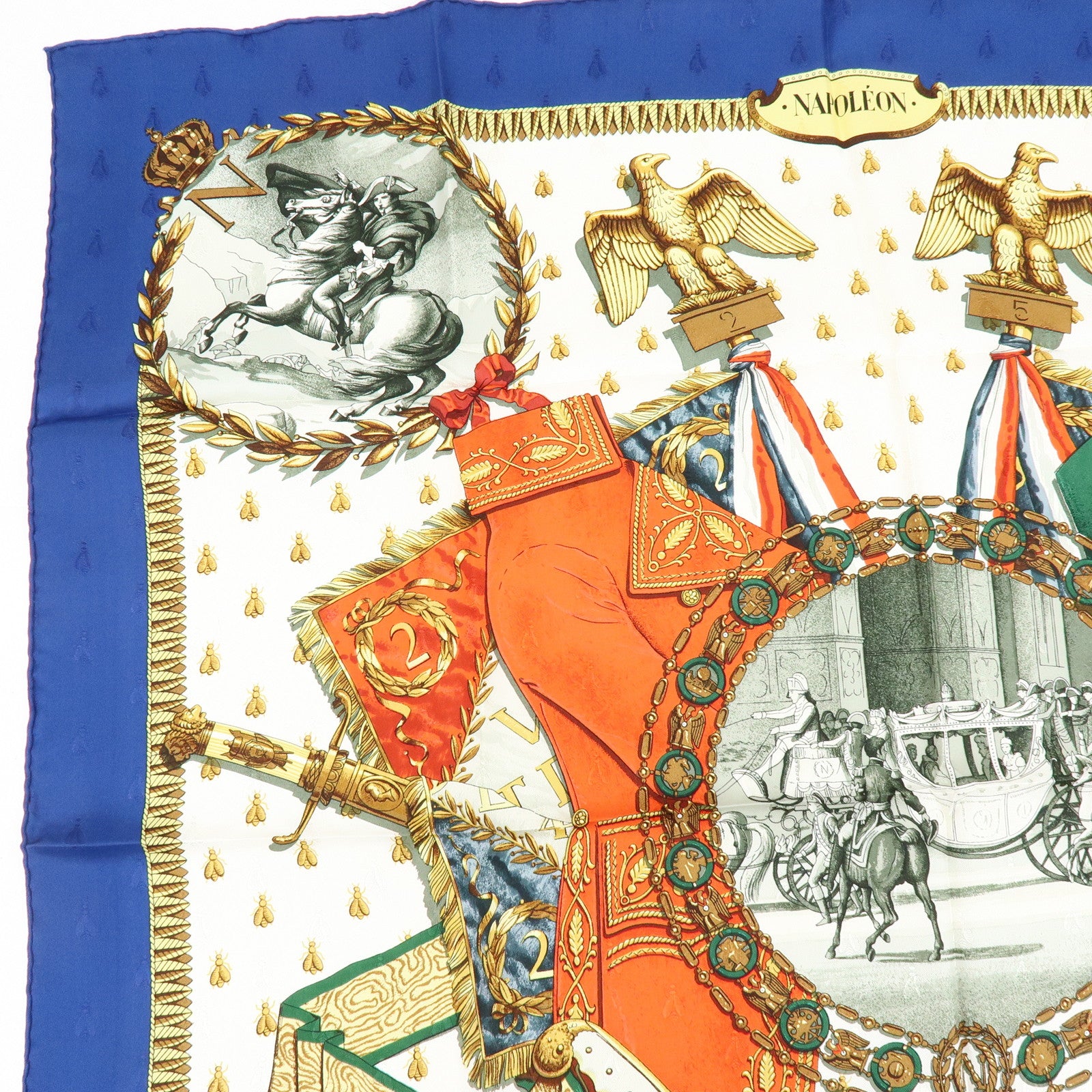 HERMES Carre 90 Silk 100% Scarf NAPOLEON Blue White