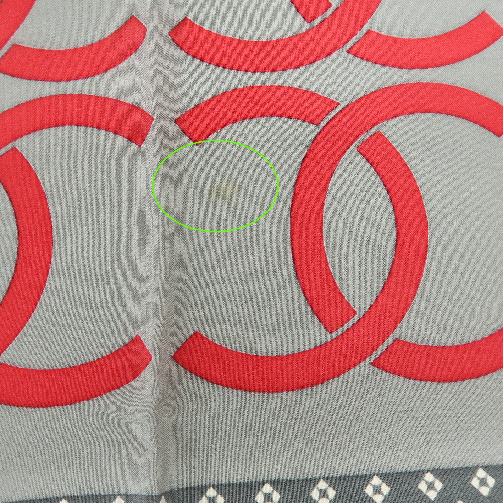 CHANEL COCO Mark Silk 100% Scarf Shawl Geometric Pattern Gray Red