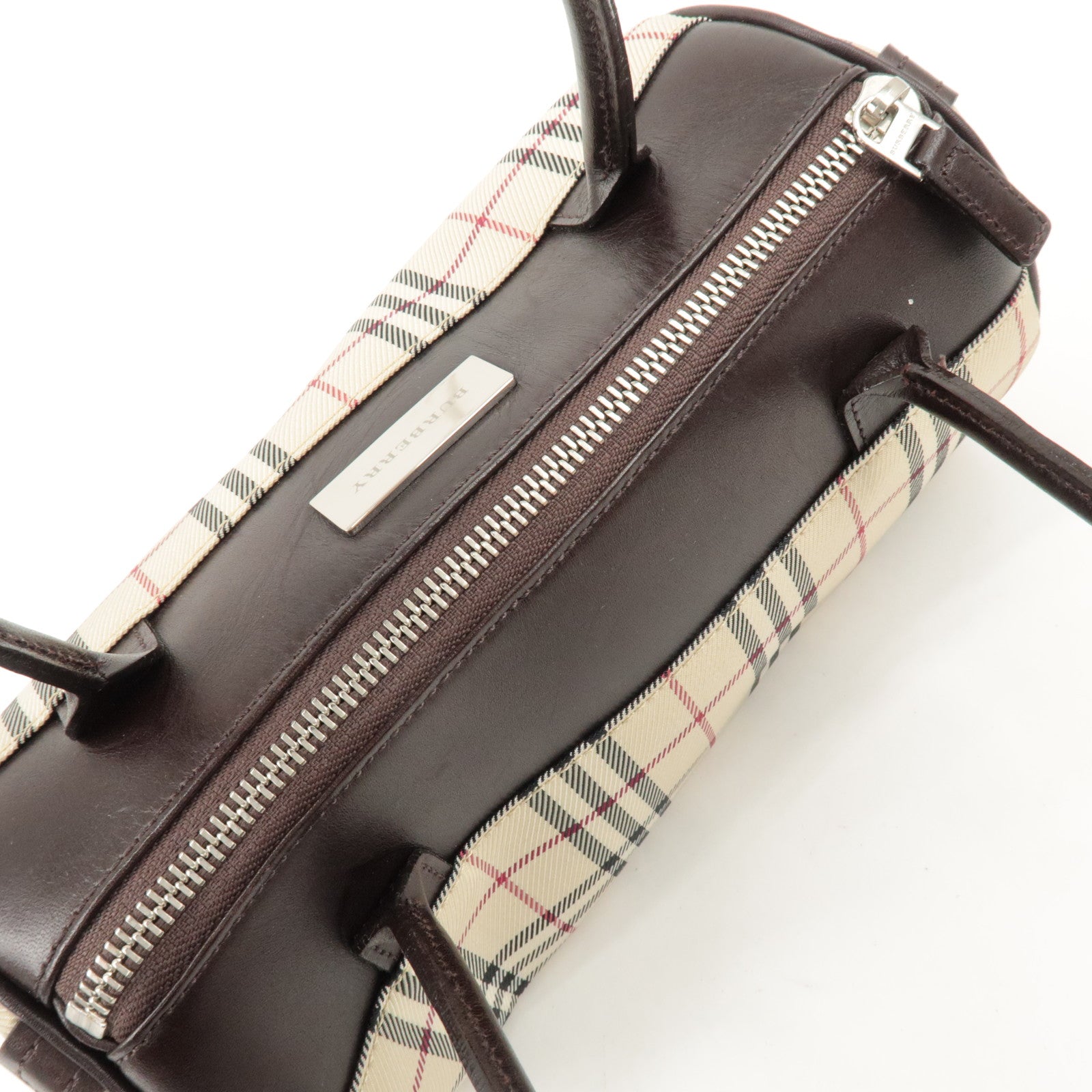 BURBERRY Leather Canvas Hand Bag Nova Plaid Beige Brown Used