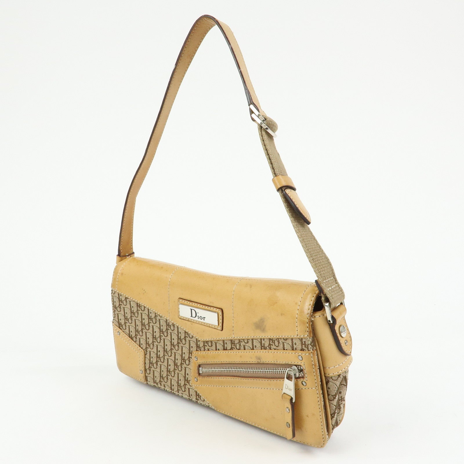 Christian Dior Trotter Canvas Leather Hand Bag Beige Brown